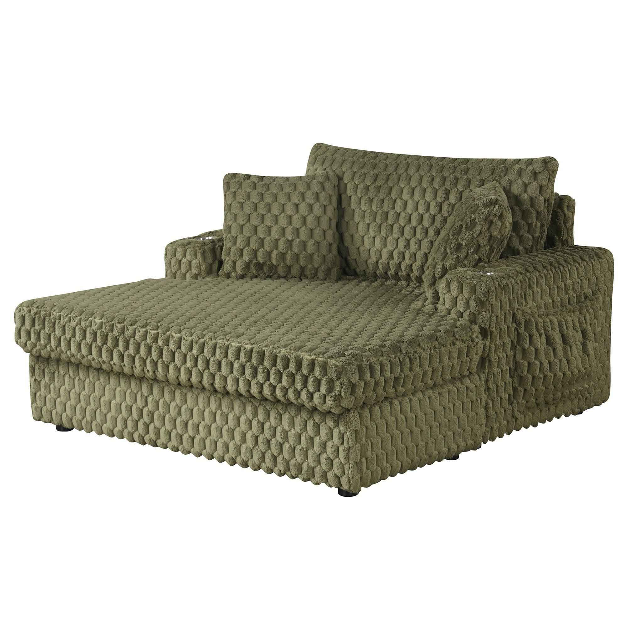 54 Inch Contemporary Indoor Upholstered Chaise Lounge Plush Sleeper Chair with Throw Pillows, 2 Cup Holders and Magazine Bags for Living Room