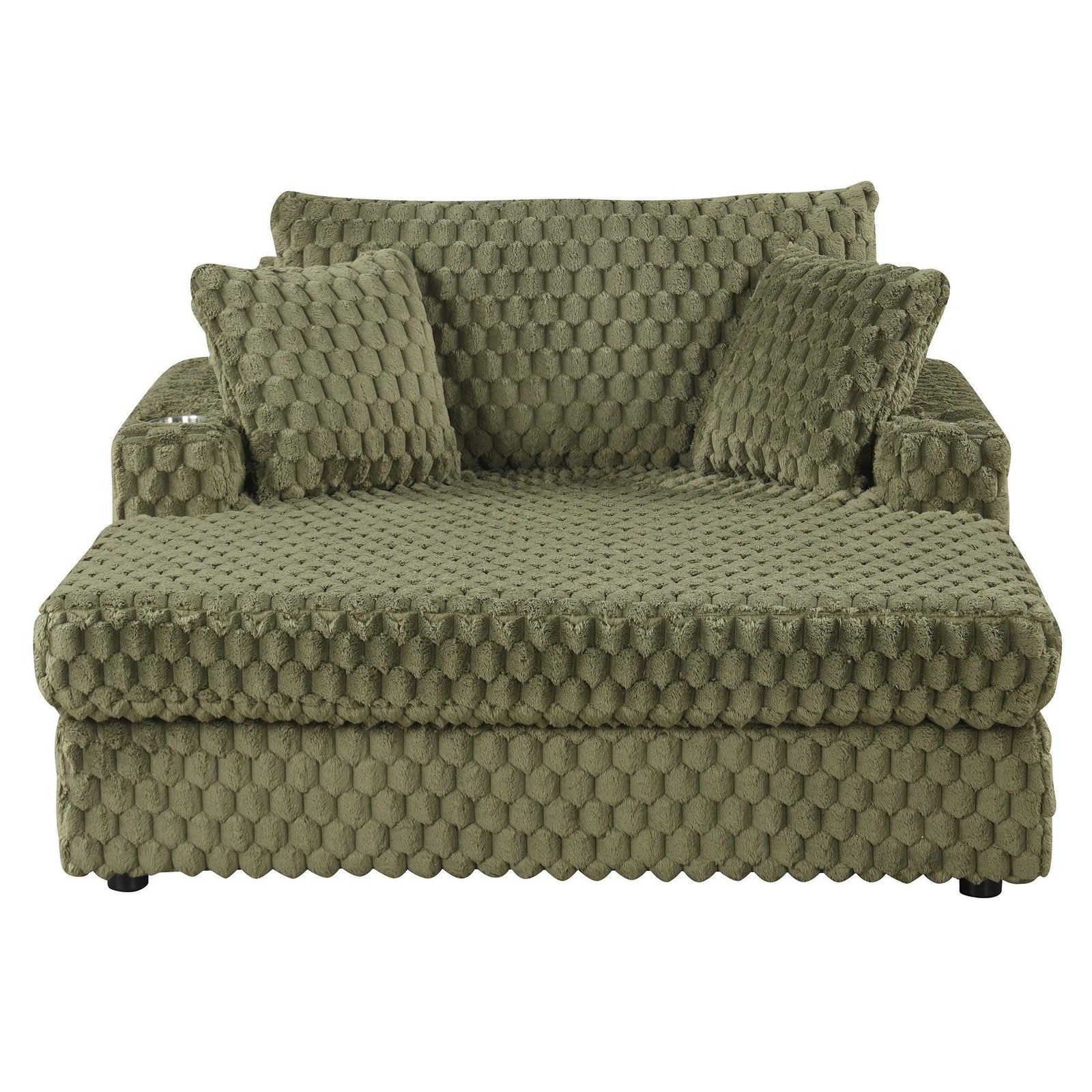 54 Inch Contemporary Indoor Upholstered Chaise Lounge Plush Sleeper Chair with Throw Pillows, 2 Cup Holders and Magazine Bags for Living Room