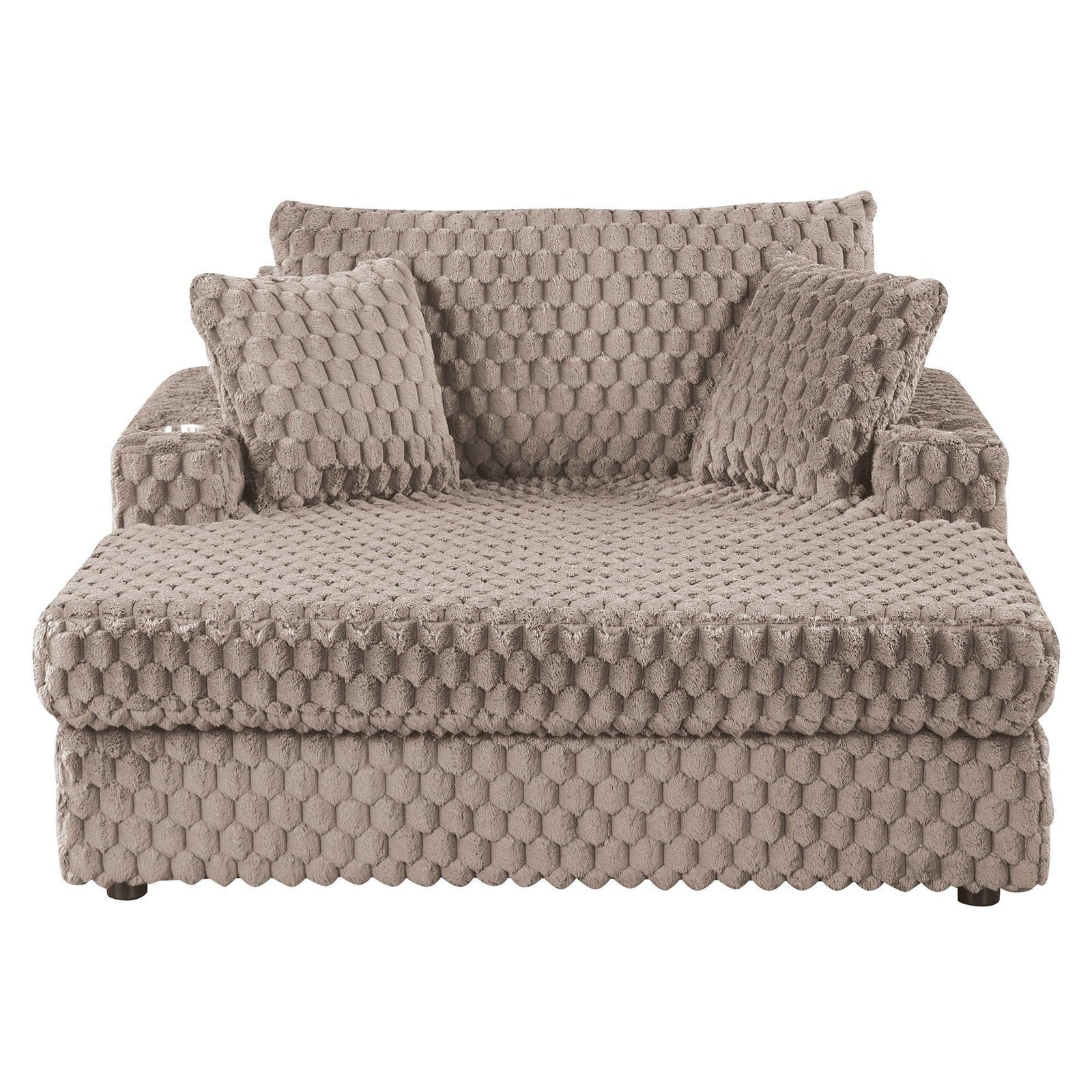 54 Inch Contemporary Indoor Upholstered Chaise Lounge Plush Sleeper Chair with Throw Pillows, 2 Cup Holders and Magazine Bags for Living Room