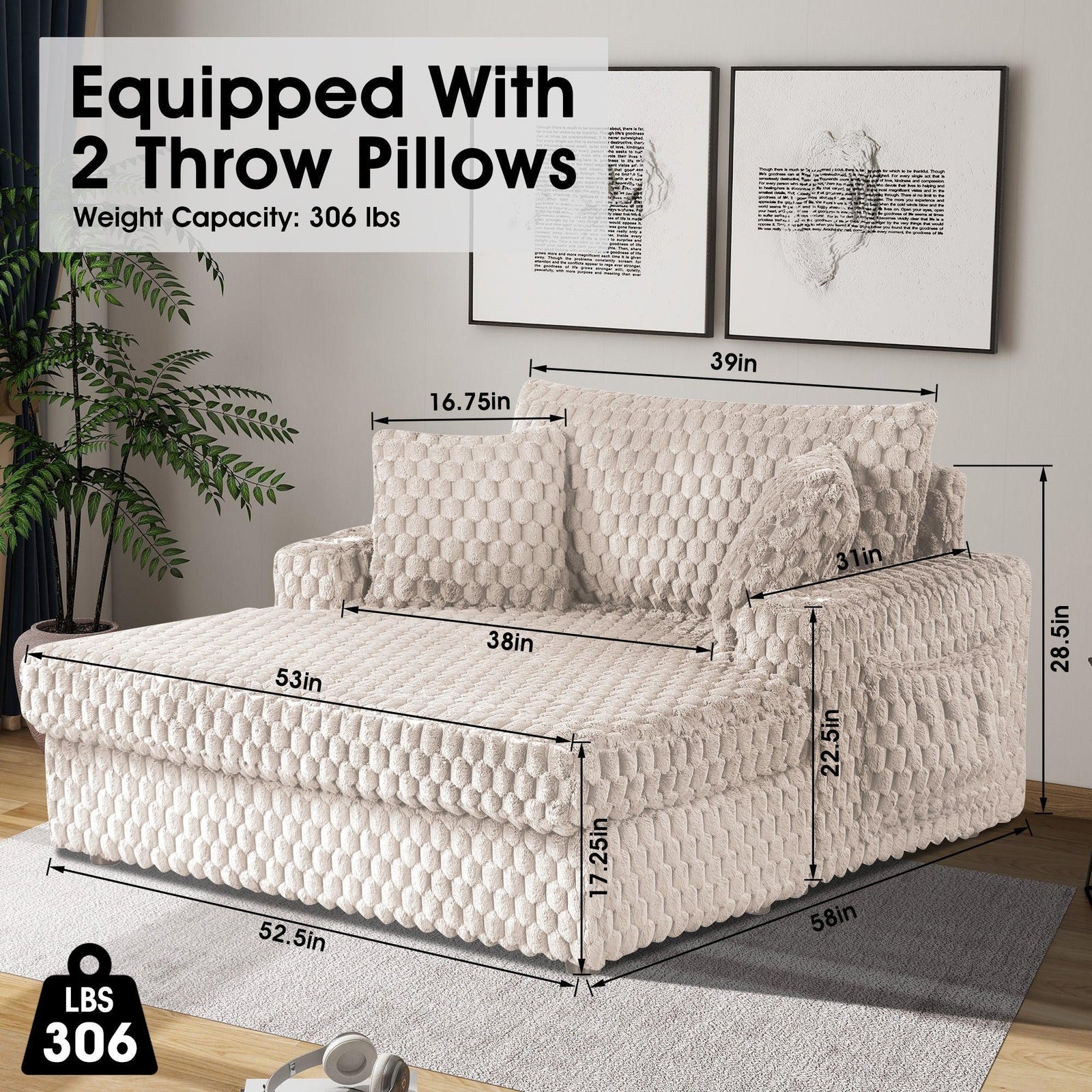 54 Inch Contemporary Indoor Upholstered Chaise Lounge Plush Sleeper Chair with Throw Pillows, 2 Cup Holders and Magazine Bags for Living Room