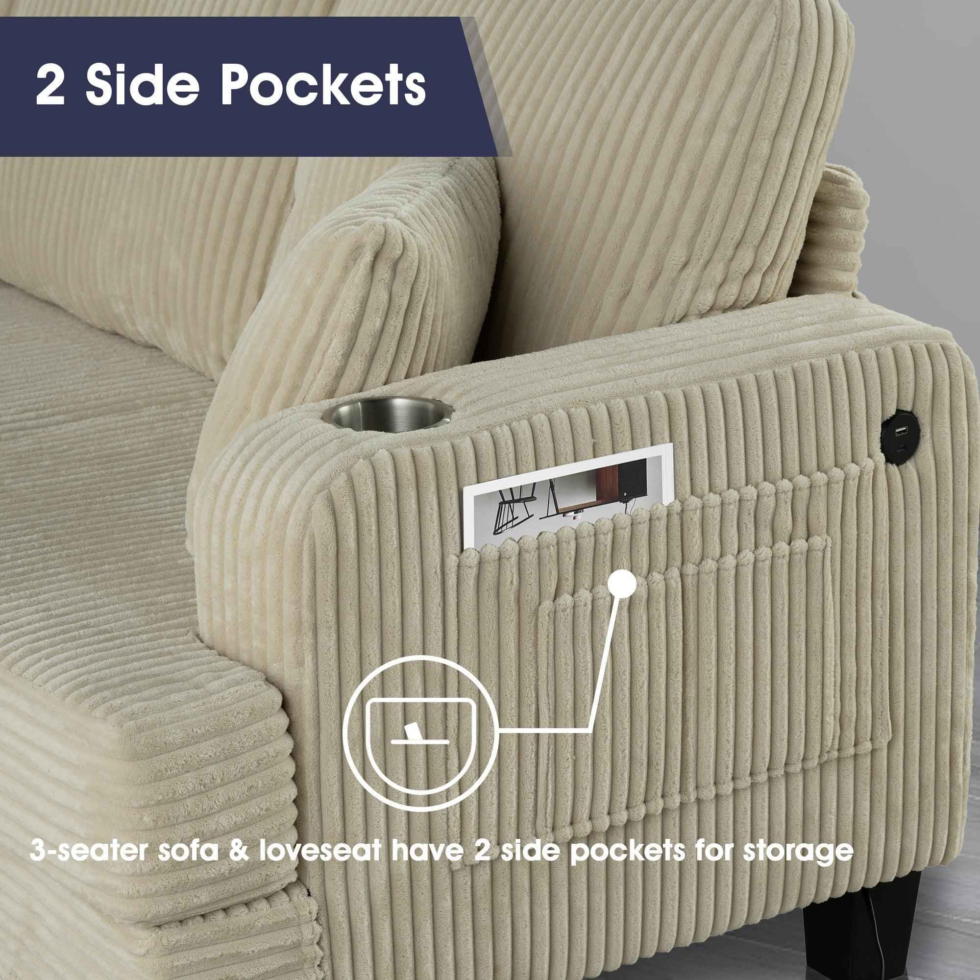 Beige 3 Piece Set Comfy Sofa Couch 3-Seater & Loveseat Sofa with Storage Ottoman with USB
