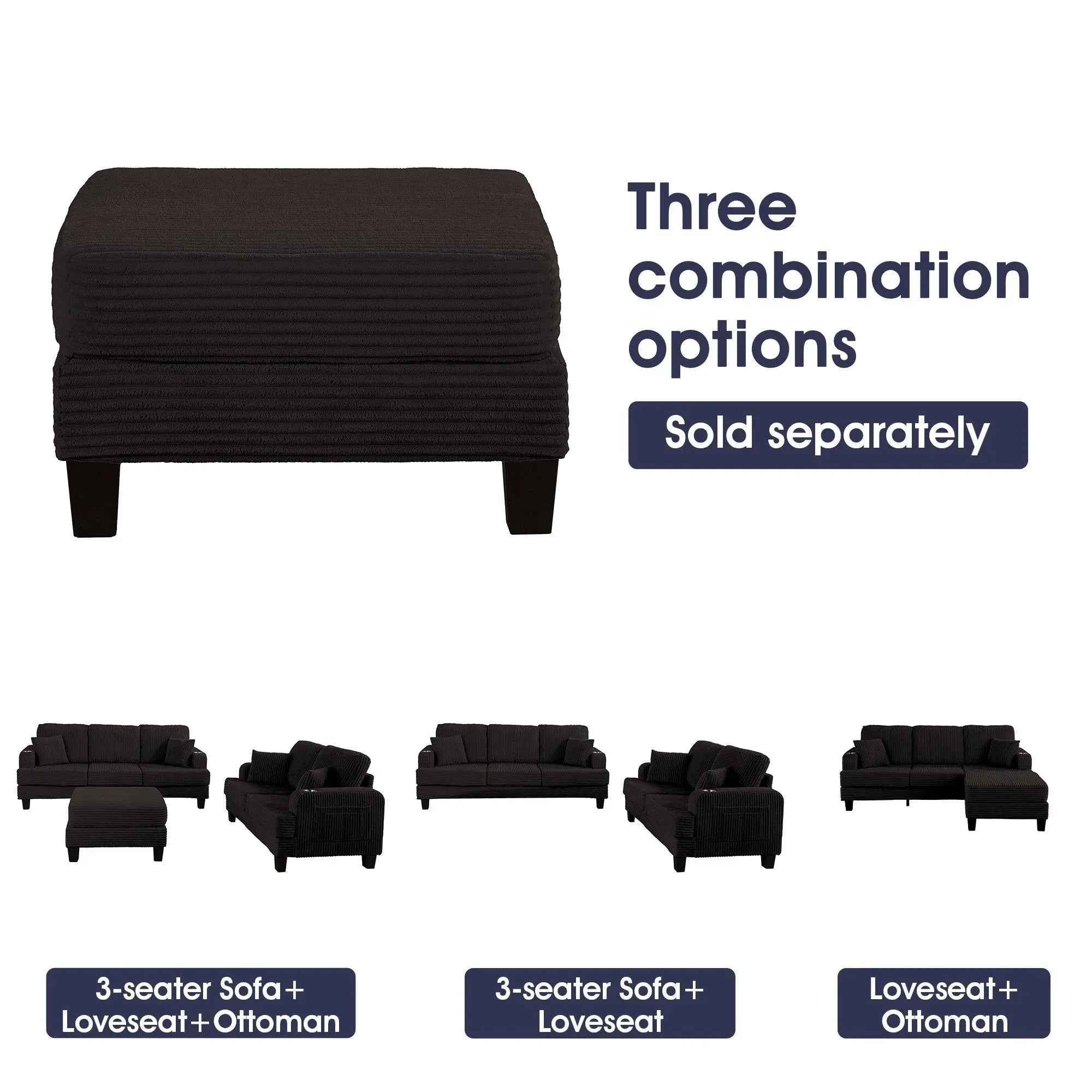 Black 3 Piece Set Comfy Sofa Couch 3-Seater & Loveseat Sofa with Storage Ottoman for Living Room with USB, Side Pockets, Pillows included