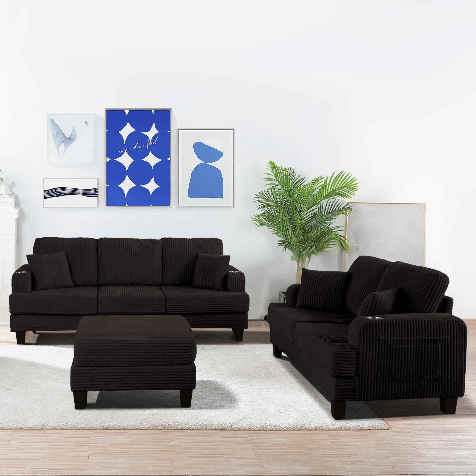 Black 3 Piece Set Comfy Sofa Couch 3-Seater & Loveseat Sofa with Storage Ottoman for Living Room with USB, Side Pockets, Pillows included