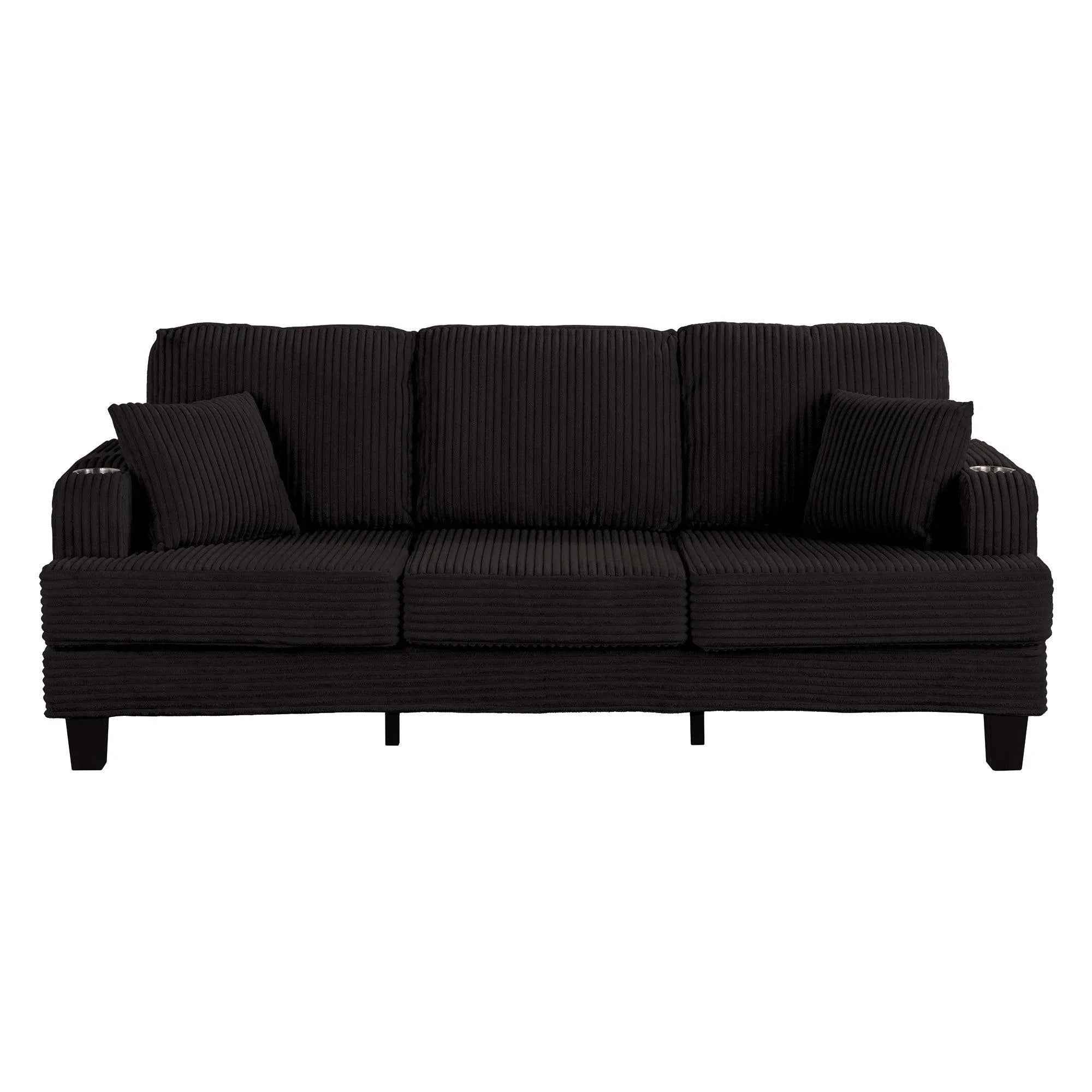 Black 3 Piece Set Comfy Sofa Couch 3-Seater & Loveseat Sofa with Storage Ottoman for Living Room with USB, Side Pockets, Pillows included