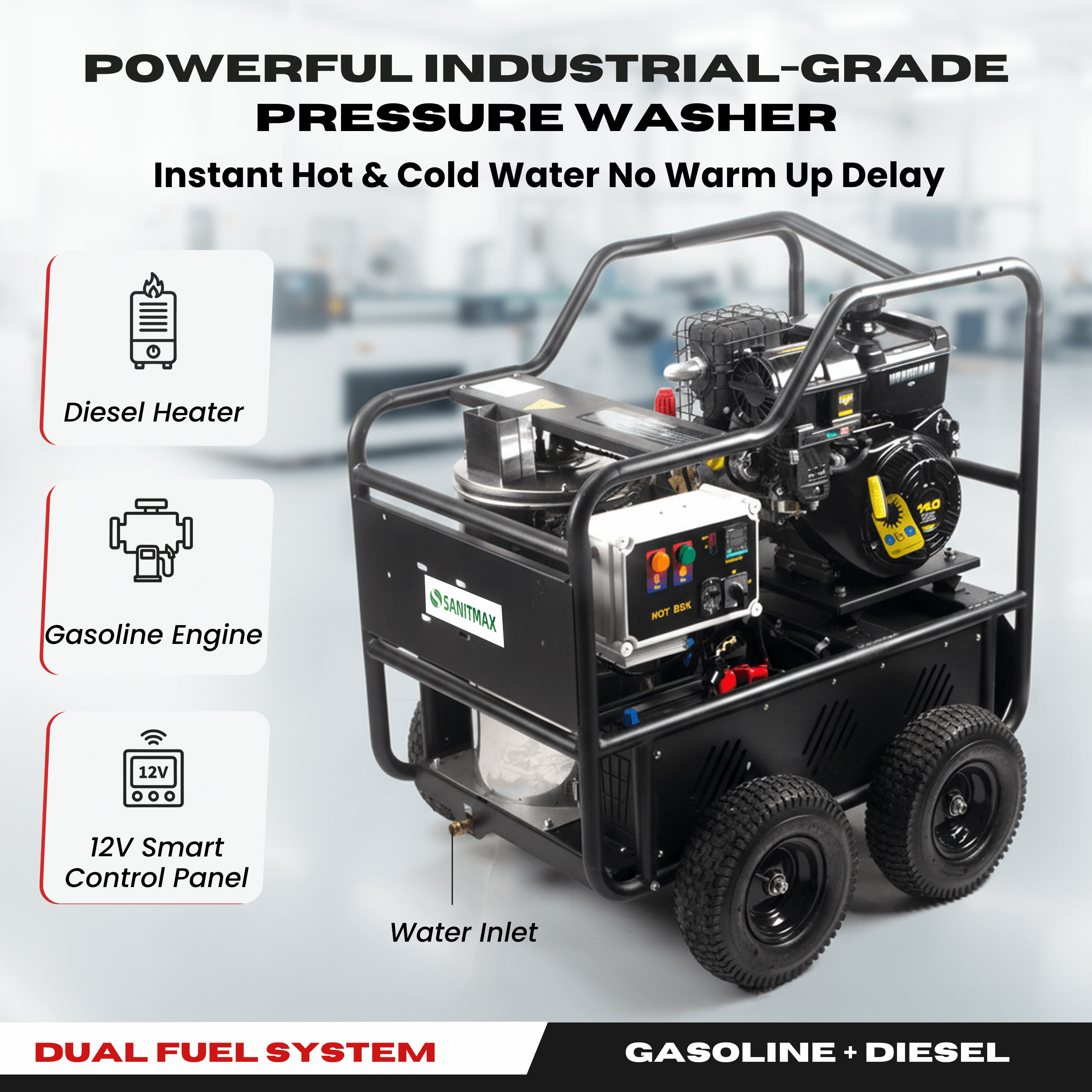 SANITMAX SM4000 Hot & Cold Water Gas Pressure Washer – 4,000 PSI, 4.0 GPM, Diesel Heated, Professional Contractor System
