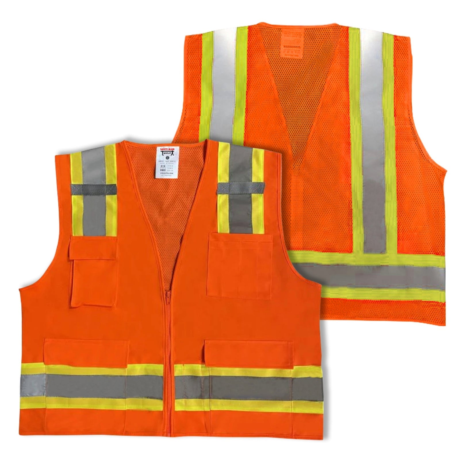Safety Main 05TTSOZ Surveyor Vest, Class 2, Solid Front, Mesh Back, Hi-Vis Orange, Pack of 10