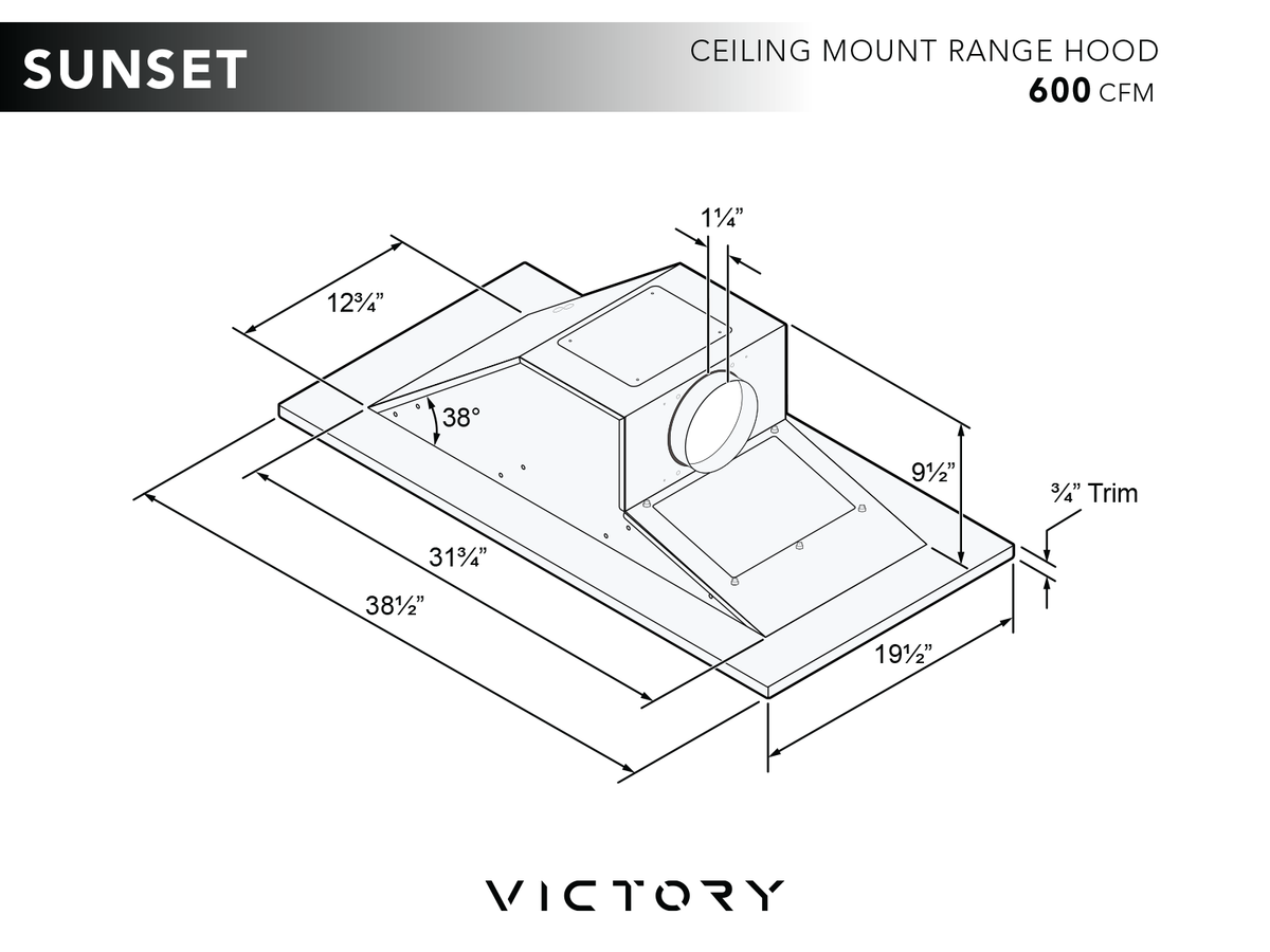 600 CFM Black Flush Ceiling Mount Range Hood - VICTORY Sunset