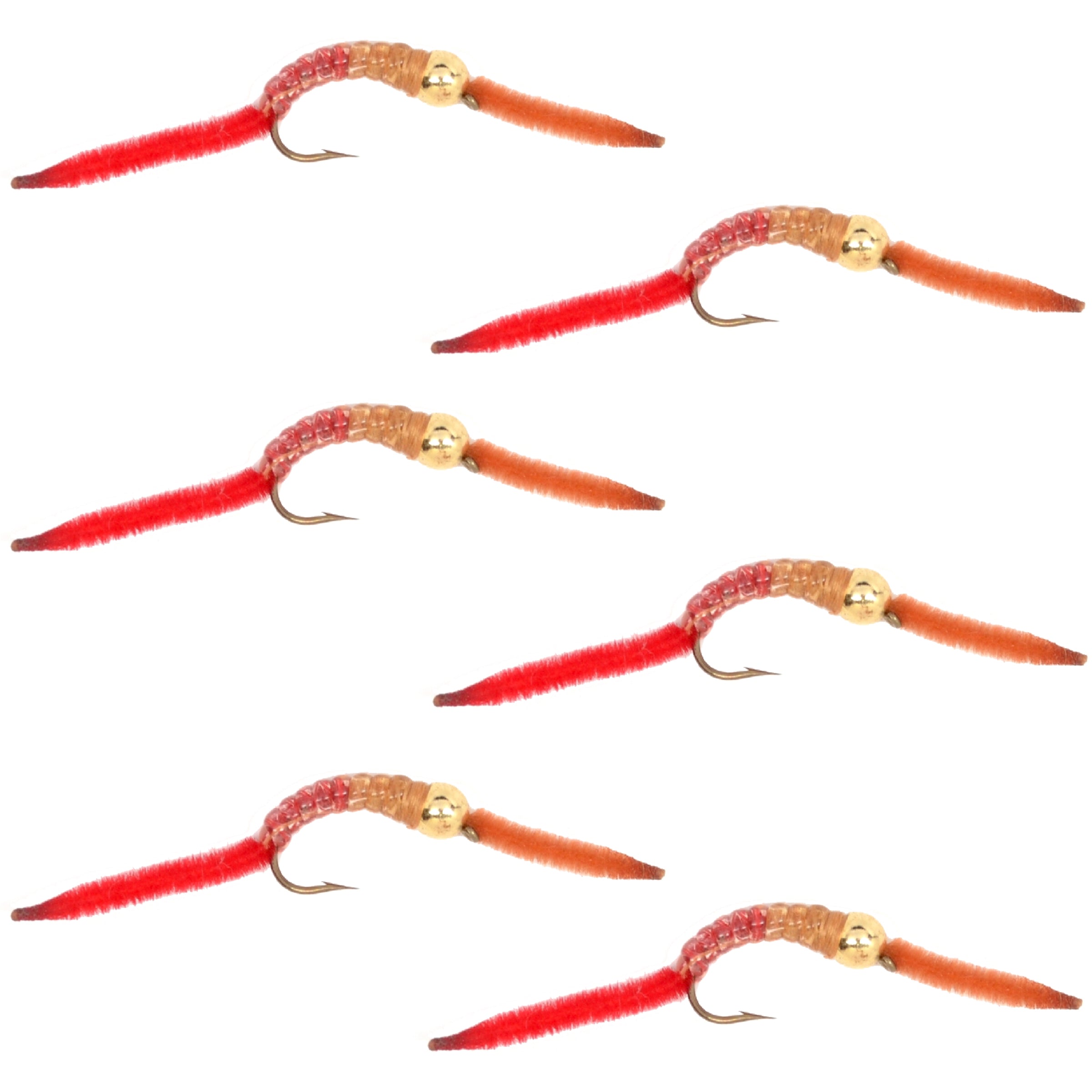 San Juan Worm Gold Bead Power Worm  Half and Half - Set of 6 Nymph Flies Hook Size 12