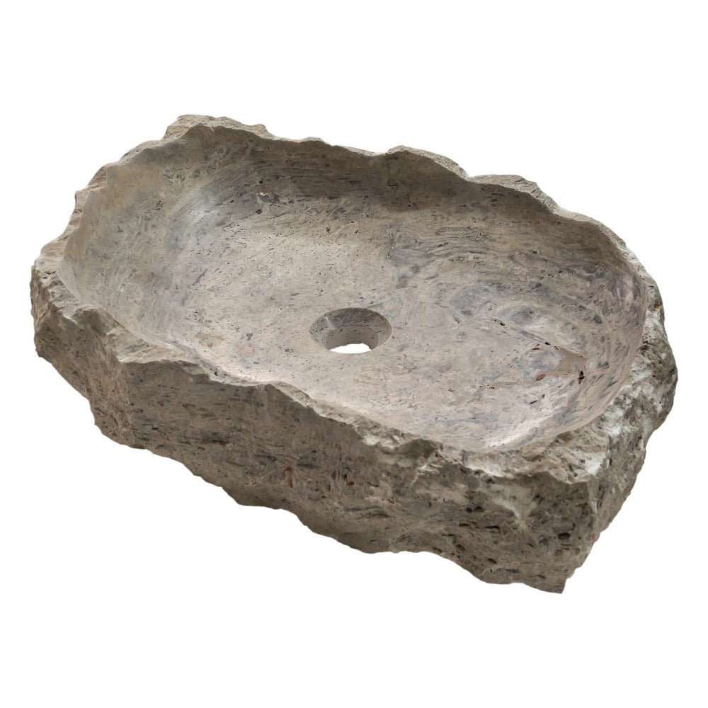 Silver Travertine Rustic Natural Stone Vessel Sink Polished Interior Hand Chiseled Exterior (W)16