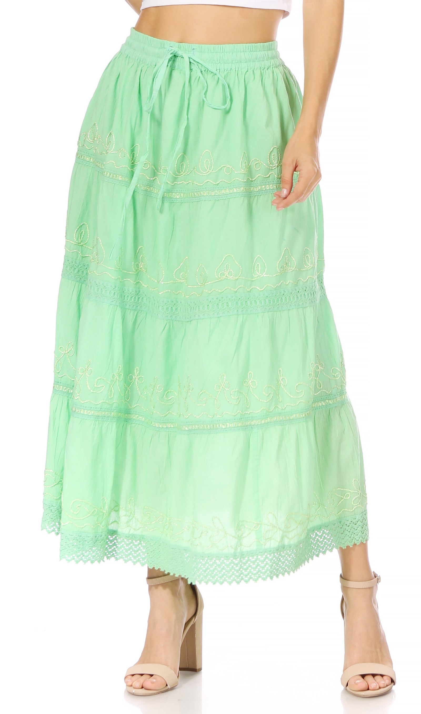 Sakkas Solid Embroidered Crochet Lace Trim Gypsy Bohemian Mid Length Cotton Skirt