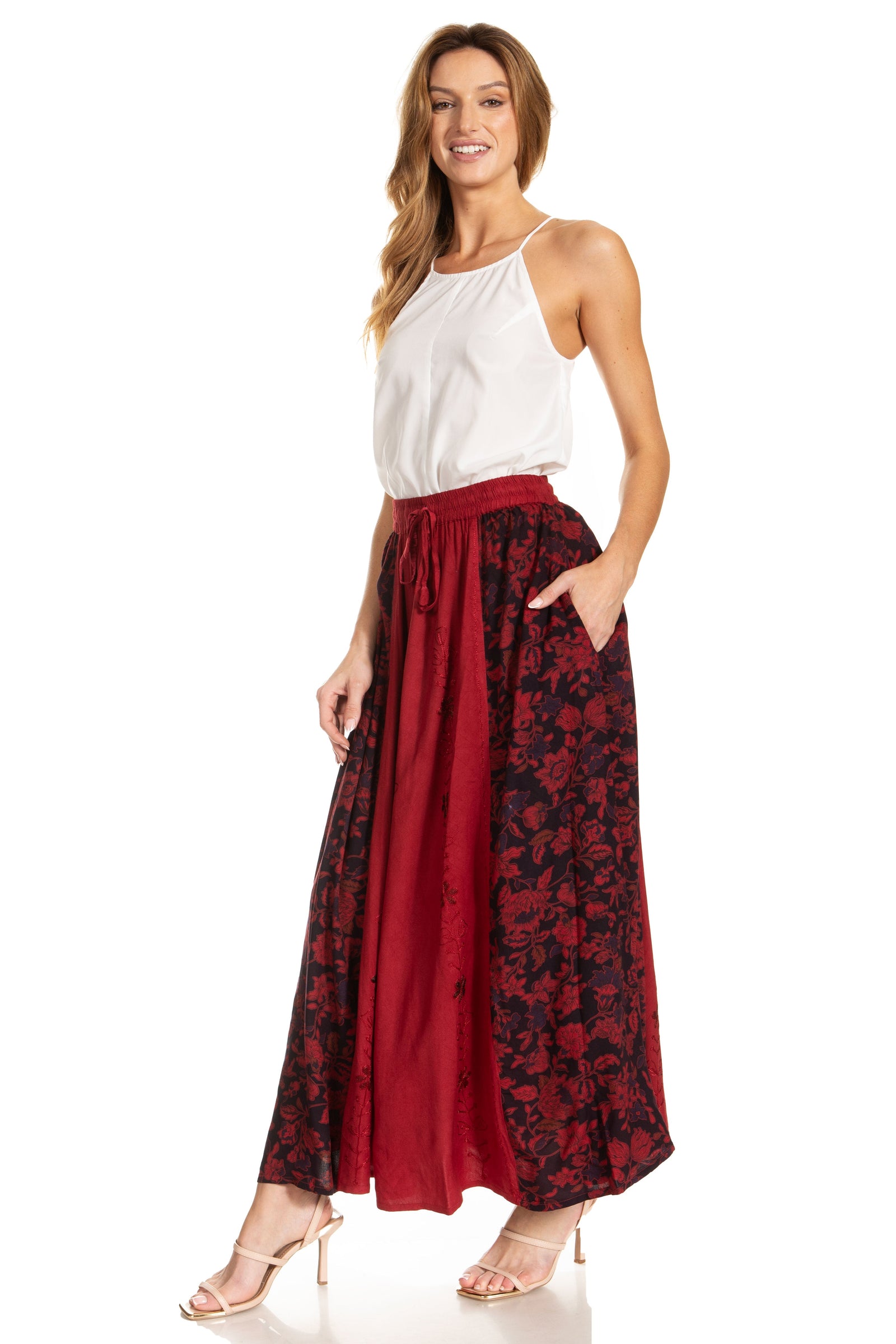 Sakkas Maran Women's Boho Embroidery Skirt with Lace Elastic Waist and Pockets