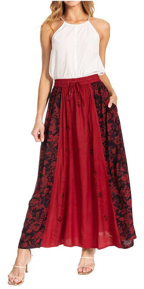 Sakkas Maran Women's Boho Embroidery Skirt with Lace Elastic Waist and Pockets