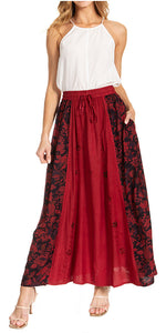 Sakkas Maran Women's Boho Embroidery Skirt with Lace Elastic Waist and Pockets