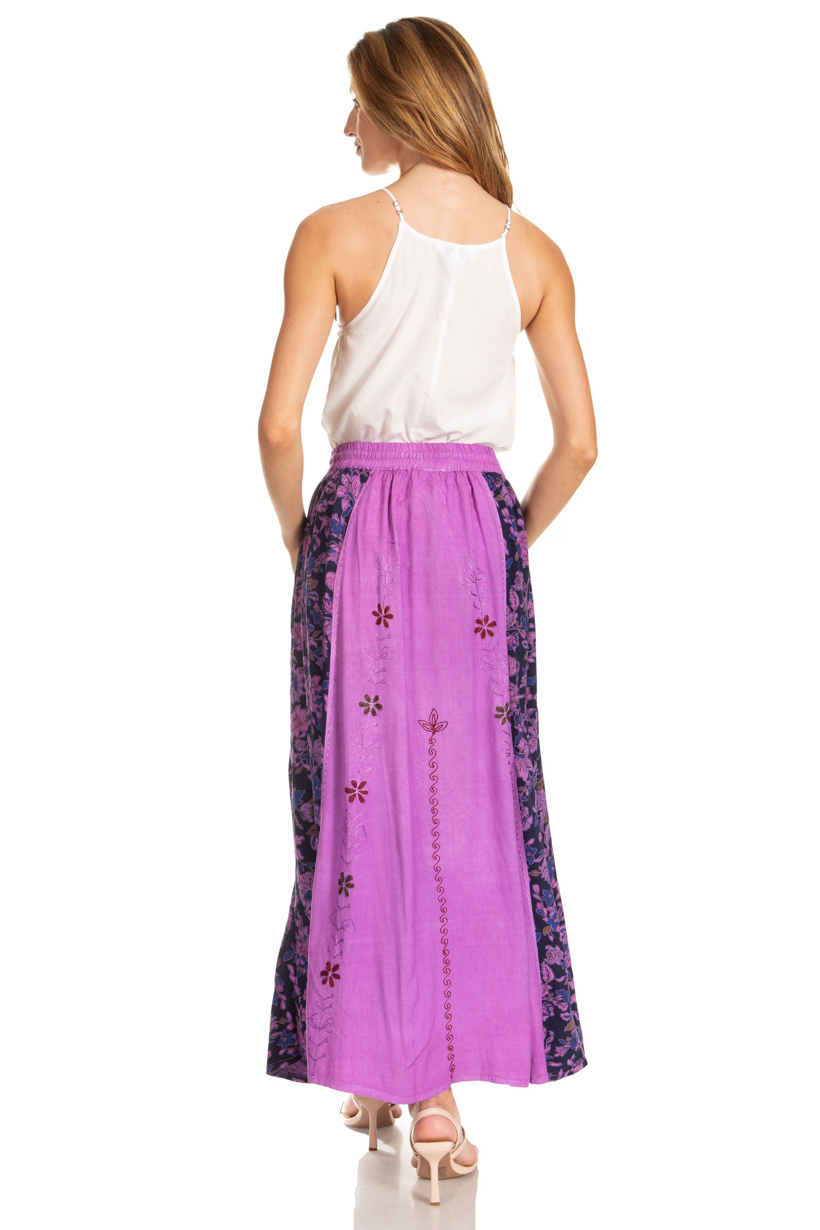 Sakkas Maran Women's Boho Embroidery Skirt with Lace Elastic Waist and Pockets