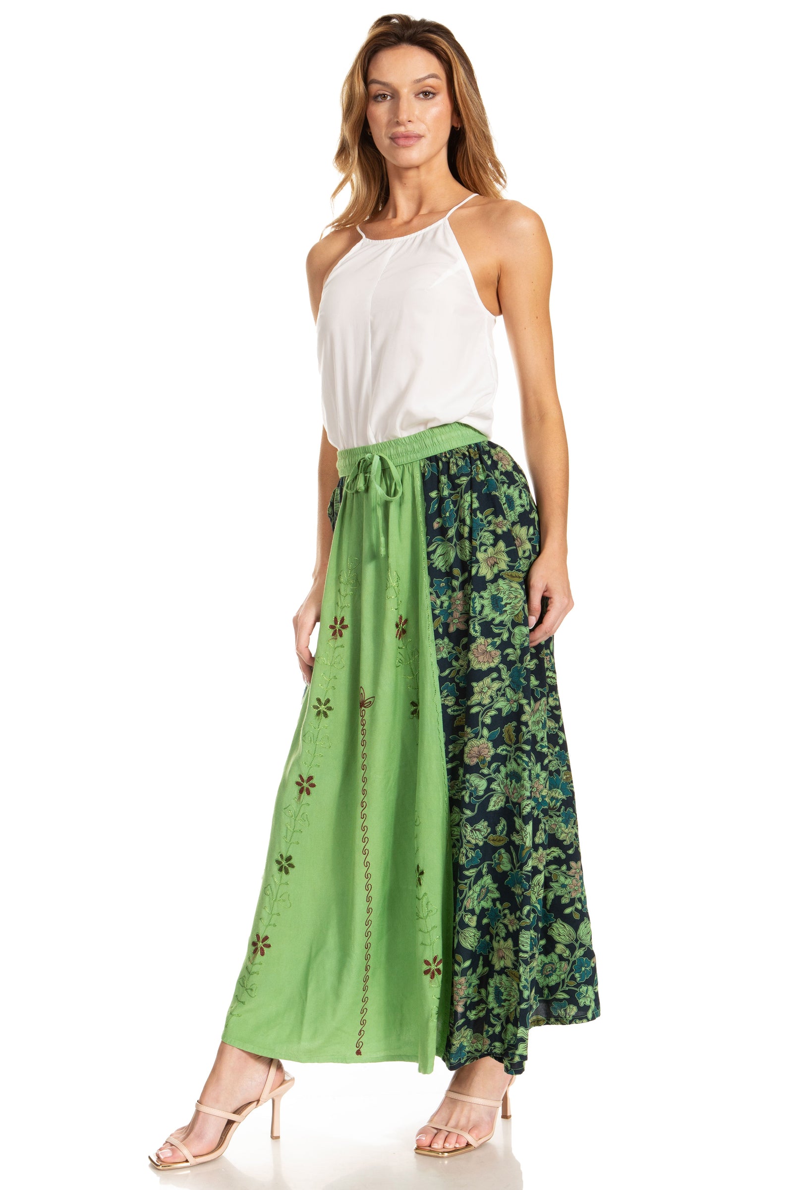 Sakkas Maran Women's Boho Embroidery Skirt with Lace Elastic Waist and Pockets