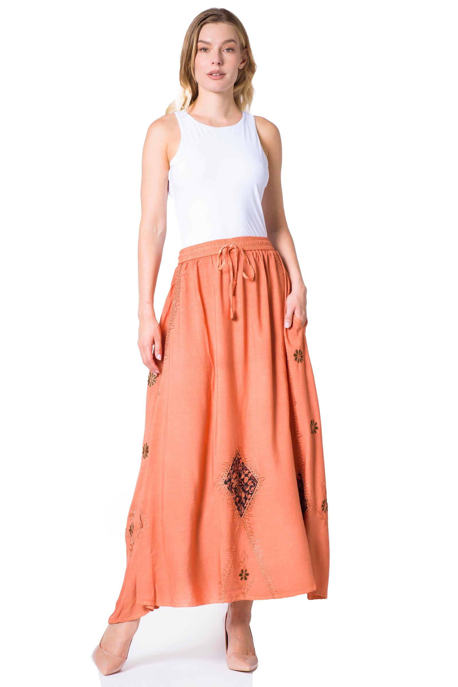 Sakkas Zarah Women's Boho Embroidery Gypsy Skirt with Lace Elastic Waist Pockets
