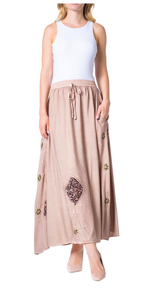 Sakkas Zarah Women's Boho Embroidery Gypsy Skirt with Lace Elastic Waist Pockets
