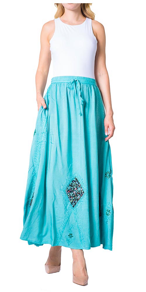 Sakkas Zarah Women's Boho Embroidery Gypsy Skirt with Lace Elastic Waist Pockets