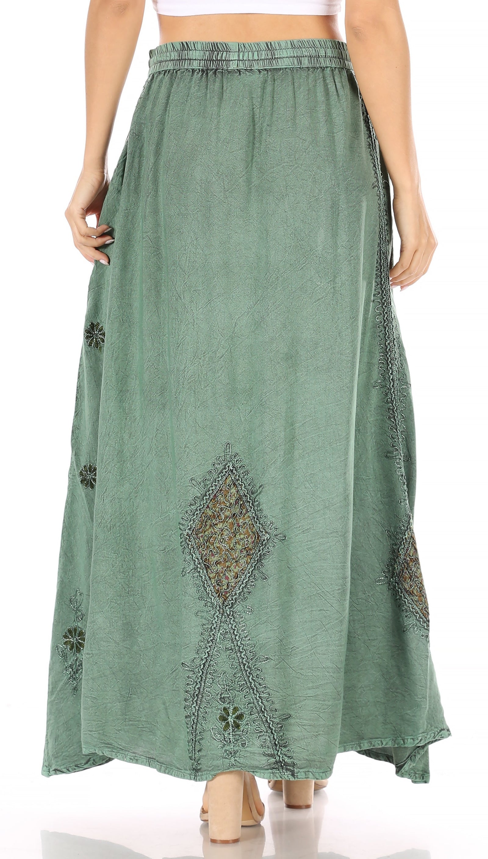 Sakkas Zarah Women's Boho Embroidery Gypsy Skirt with Lace Elastic Waist Pockets