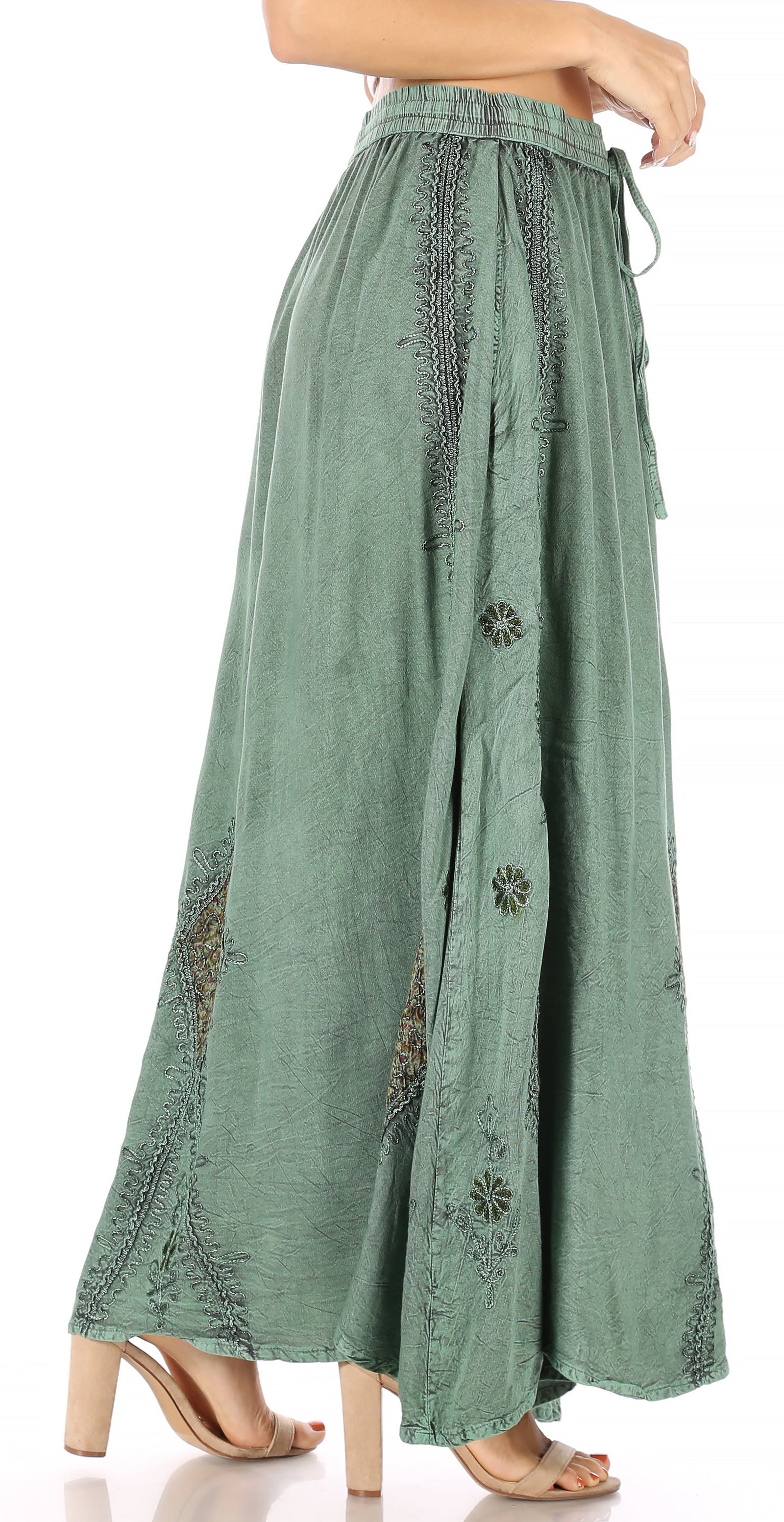 Sakkas Zarah Women's Boho Embroidery Gypsy Skirt with Lace Elastic Waist Pockets