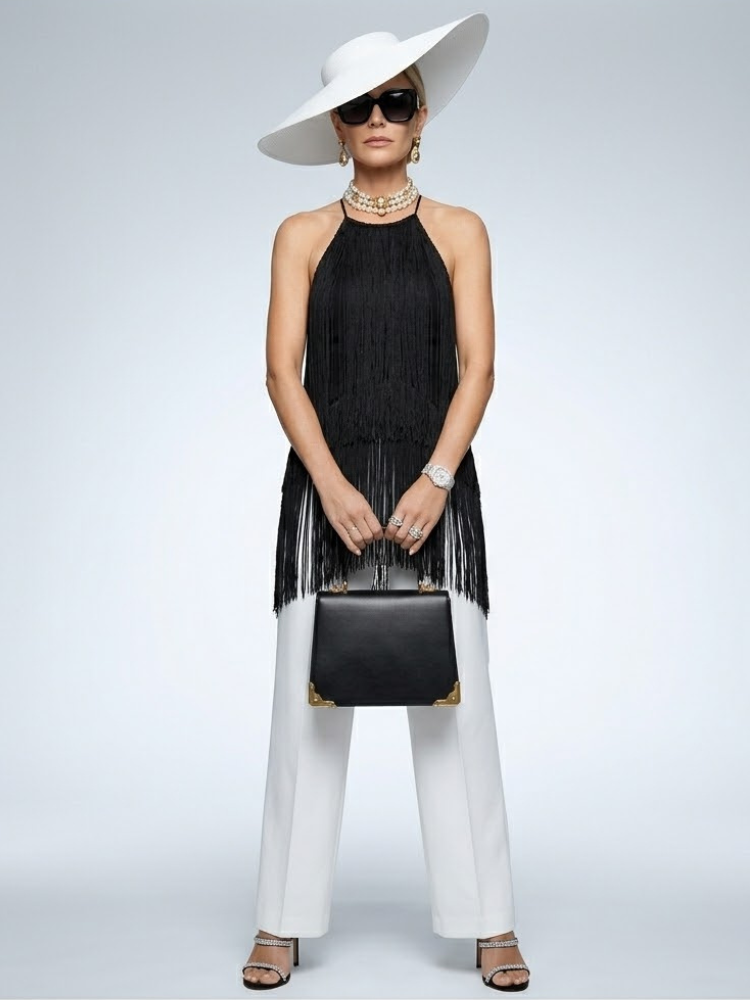 Strap Neck Top New Collection BYMANYC ® New York • Midnight Noir Fringe