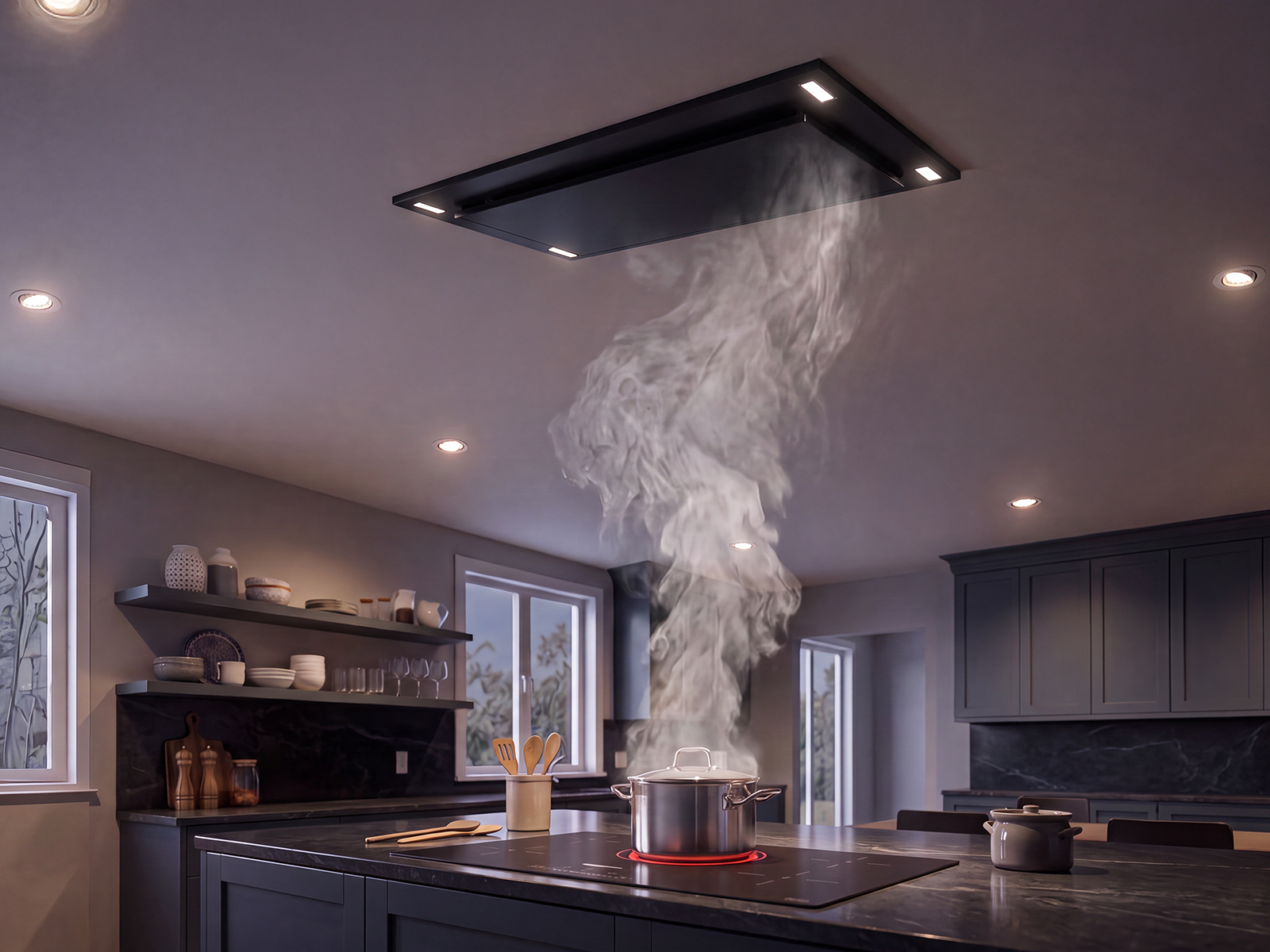 600 CFM Black Flush Ceiling Mount Range Hood - VICTORY Sunset