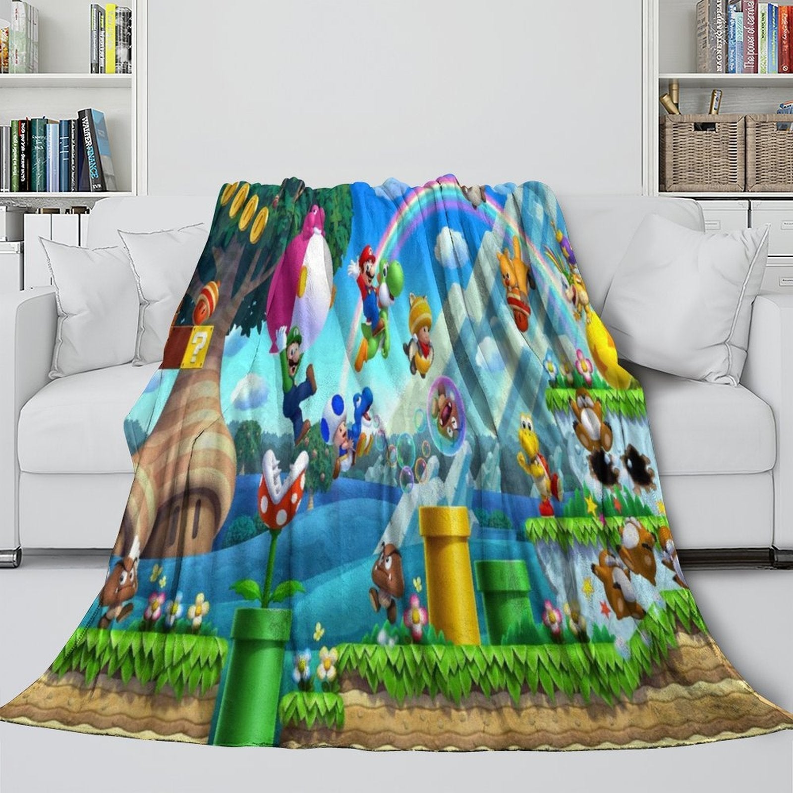 Super Mario Pattern Blanket Flannel Throw Kids Room Decoration