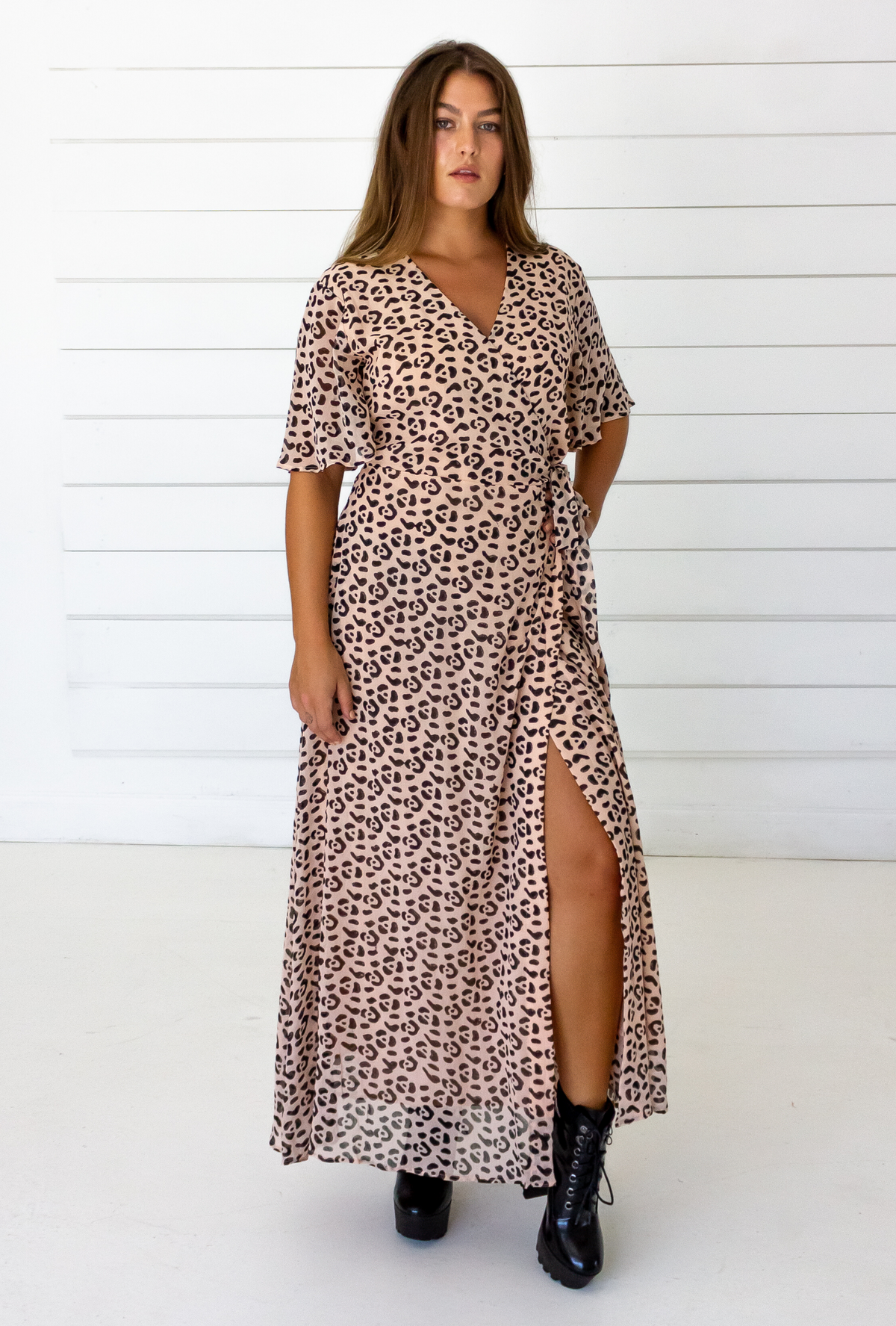 Leopard Maxi Wrap Dress in Blush + Black