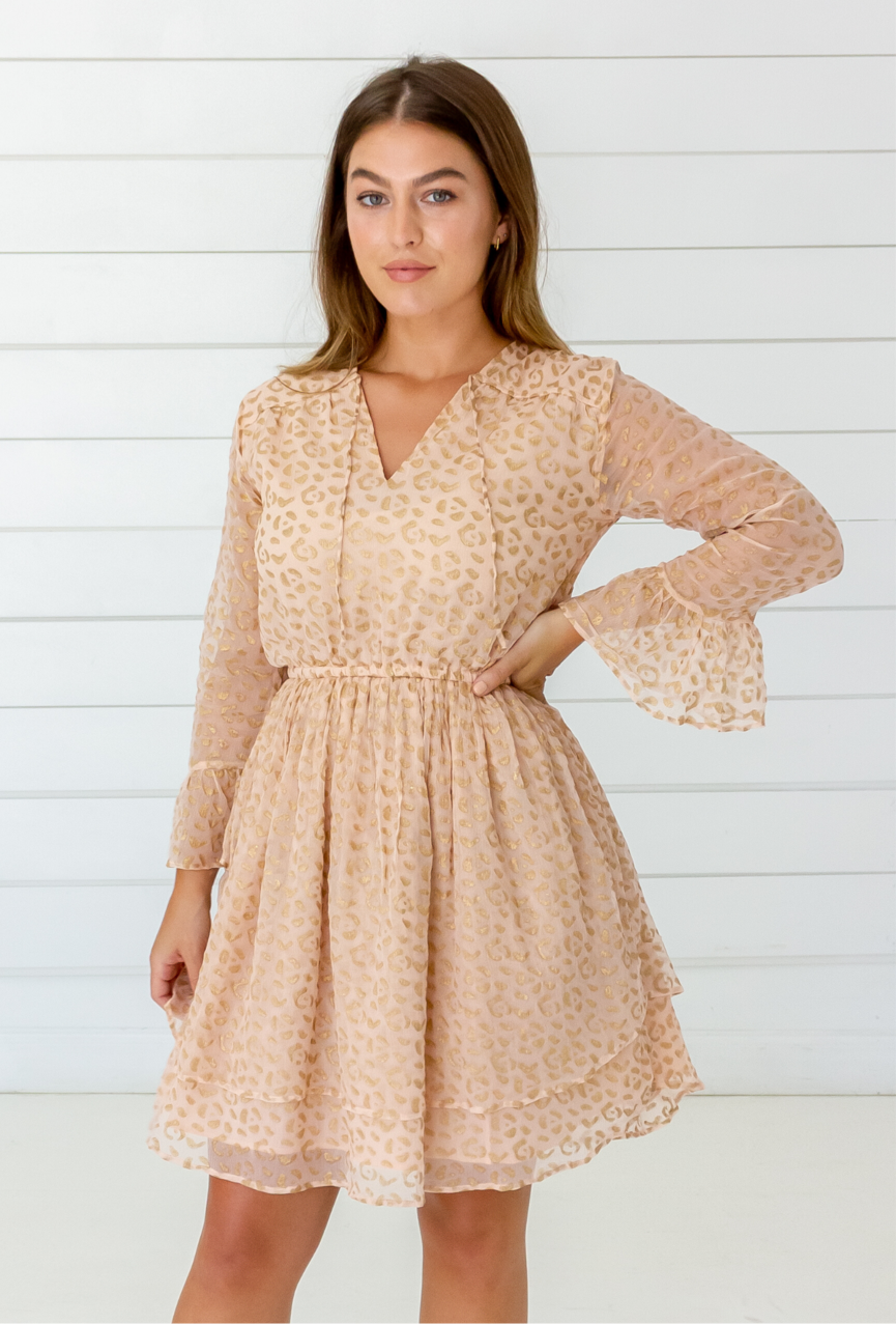 Leopard Chiffon Dress in Blush + Gold