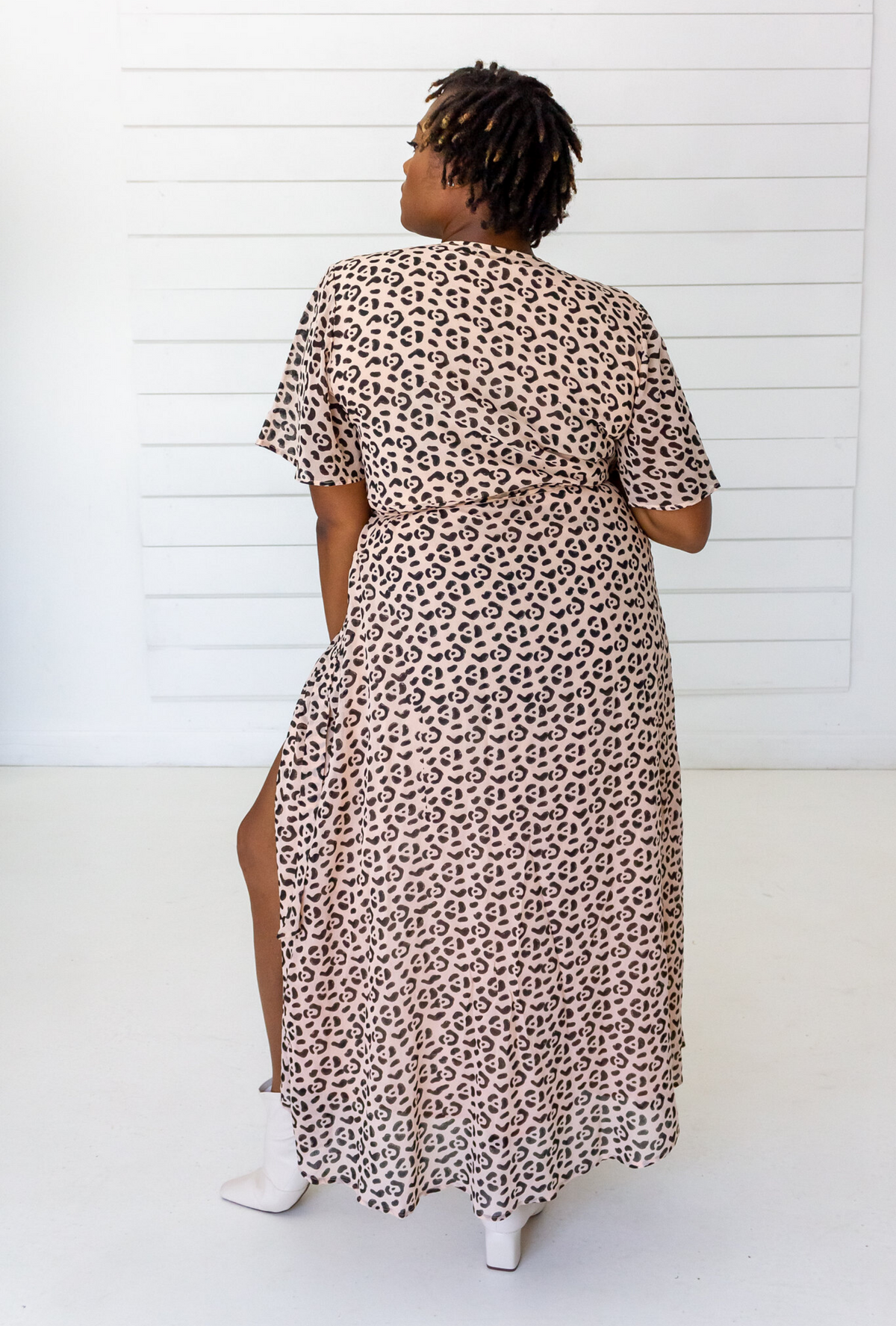 Leopard Maxi Wrap Dress in Blush + Black