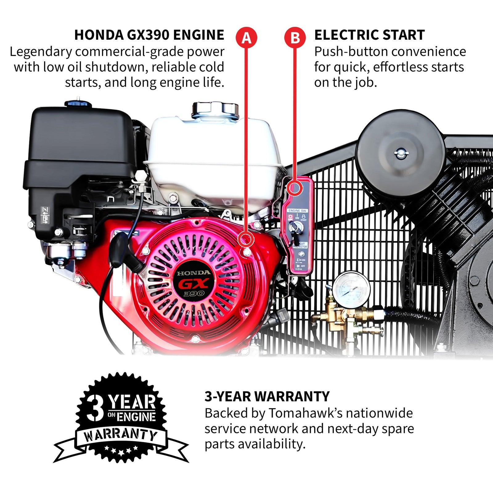 30 Gallon Air Compressor 13HP Honda GX390 Engine Horizontal Tank 24.4 CFM @ 90 PSI Gas-Powered