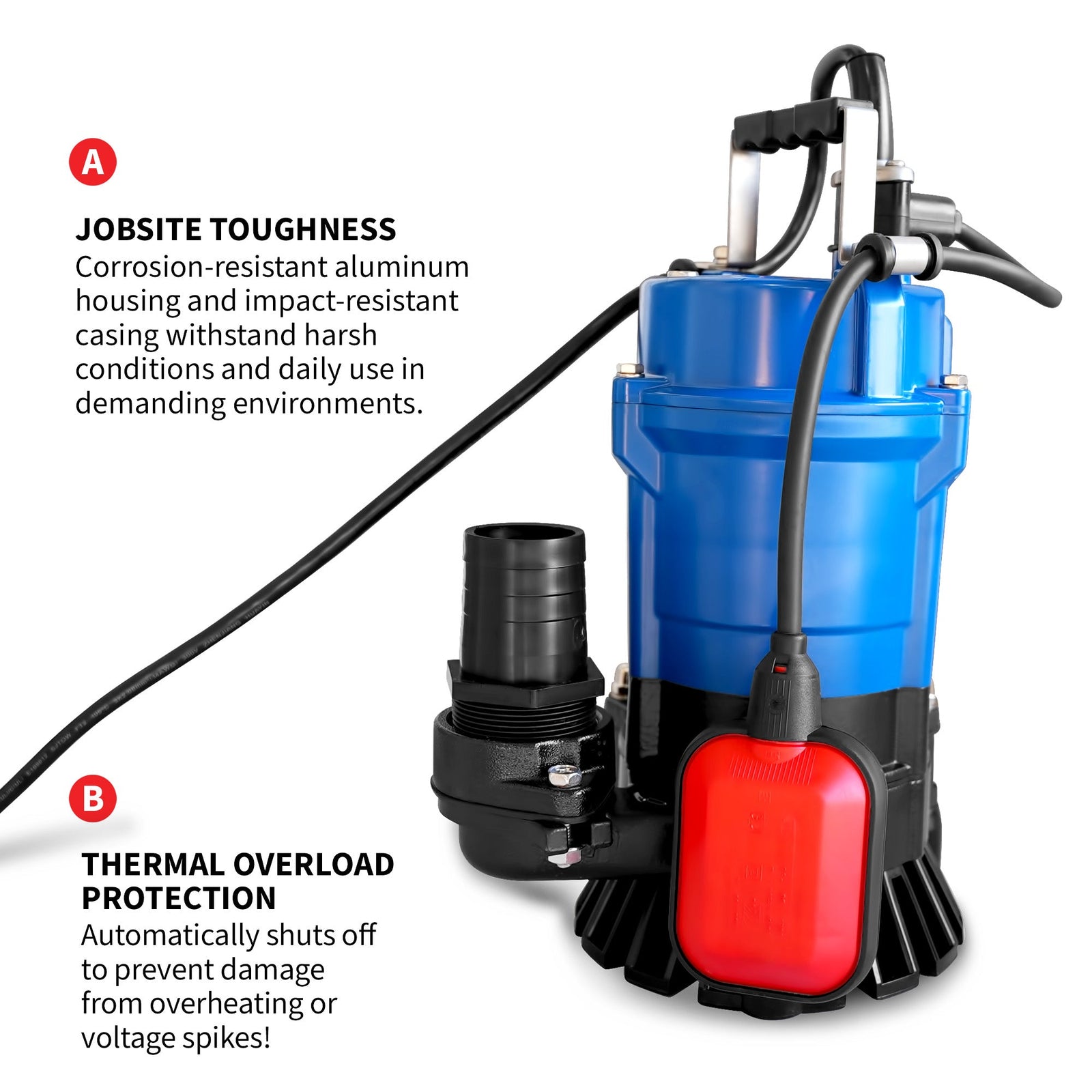 Tomahawk 1/2 HP Submersible Trash Pump, 66 GPM / 3960 GPH, 400W 2
