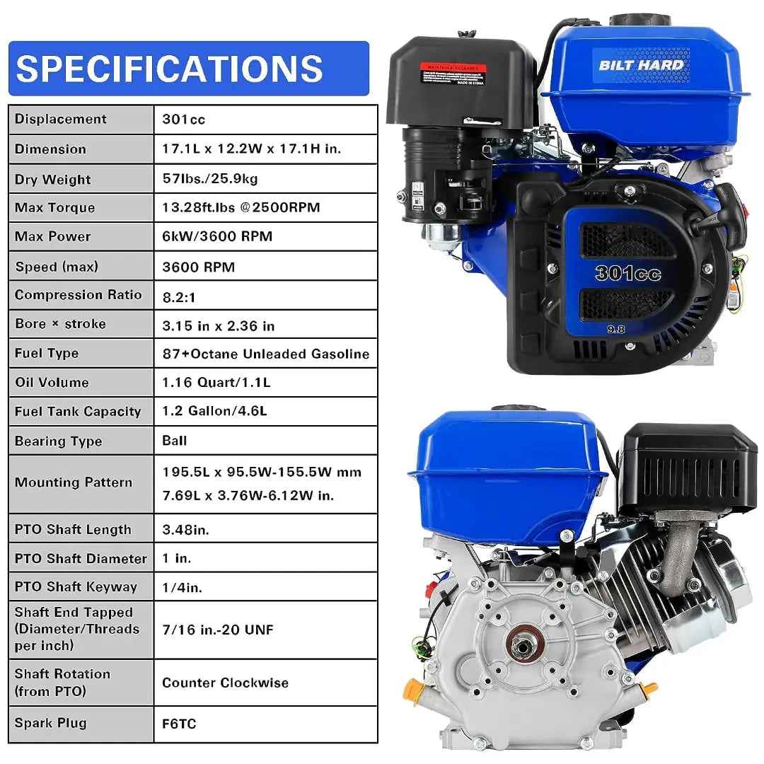 301cc 10HP Gas Powered Engine, Horizontal 4 Stroke OHV Gas Motor, Shaft 1