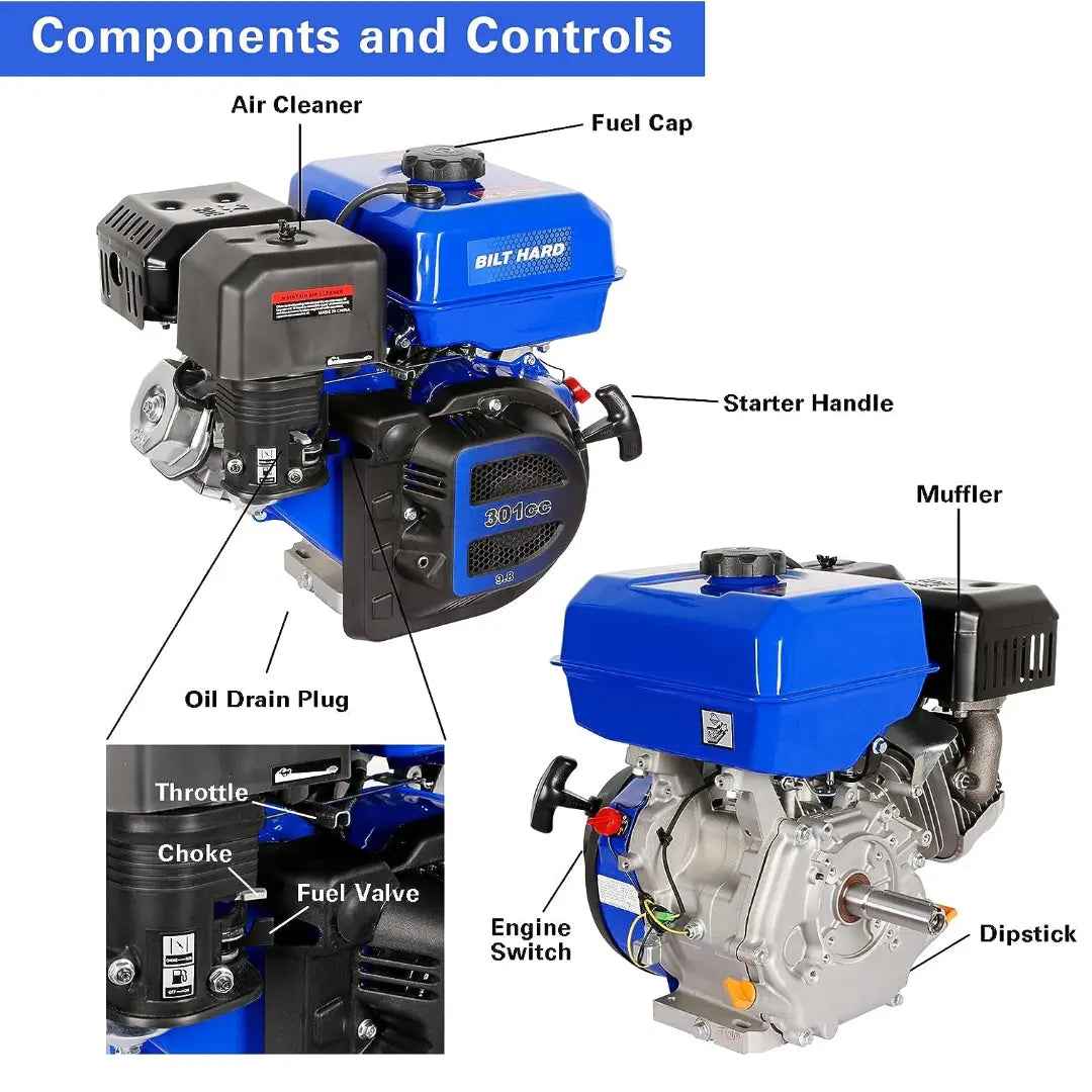 301cc 10HP Gas Powered Engine, Horizontal 4 Stroke OHV Gas Motor, Shaft 1
