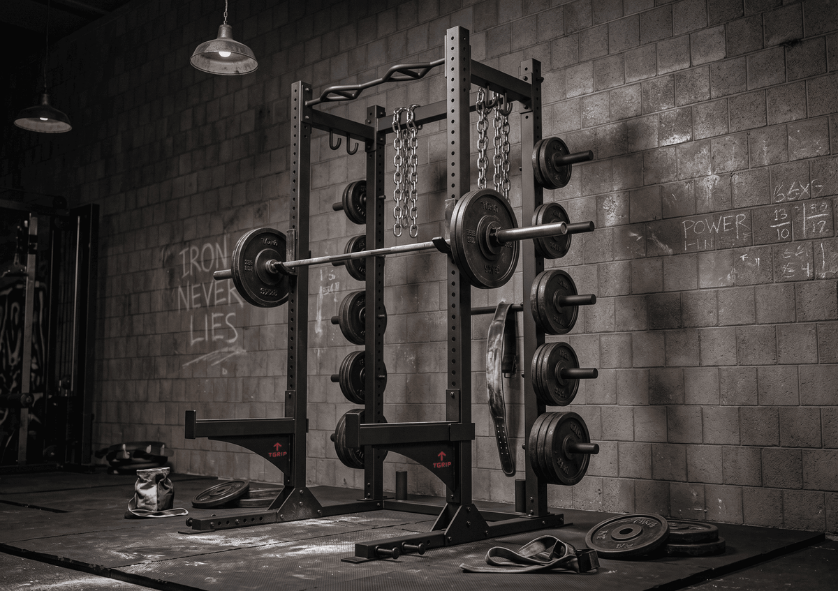 TGrip Commercial Half Rack - 3x3 Steel - Functional Multi-Grip Pull-Up - Bar & Plate Storage - J-Hooks