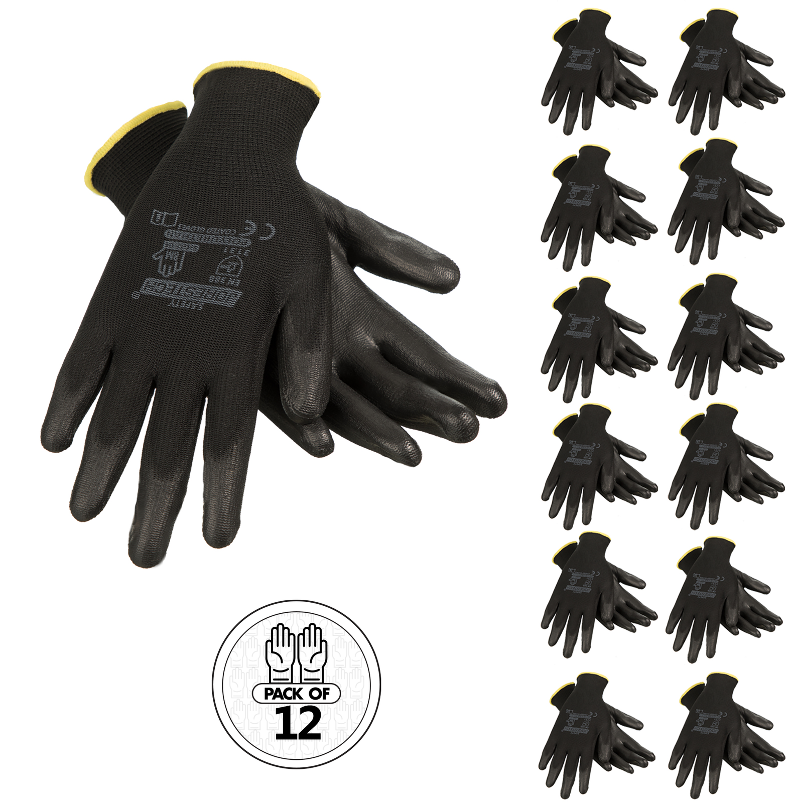 Thin Safety Work Gloves with Polyurethane Dipped Palms – Pack of 12