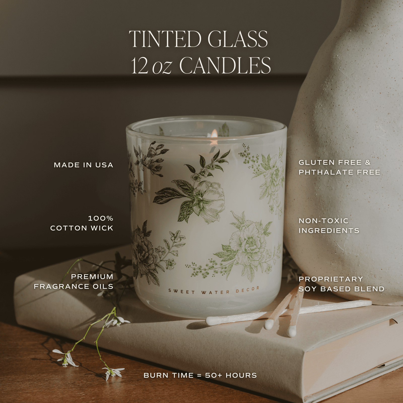Green Floral Soy Candle - White Translucent Tinted Glass Jar - 12 oz (Lavender and Sage)