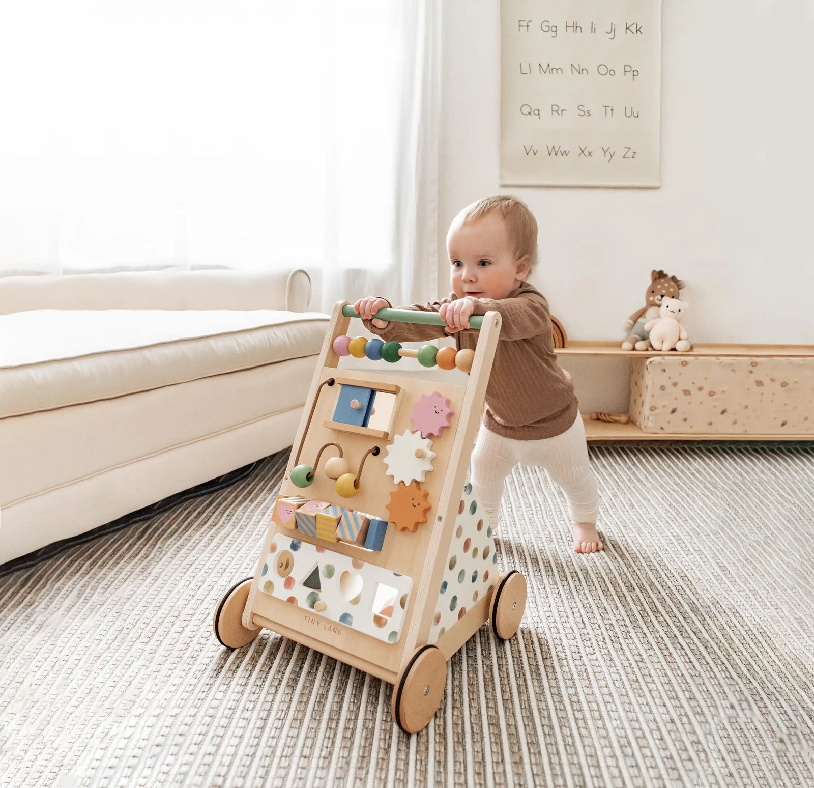 Tiny Land Baby Push Walker, Wooden Baby Walker for Girls, Adjustable Speed Walkers for Baby Boys, Montessori Walker Toy, Baby Activity Center, Push Toys for Kids Development (Morandi)