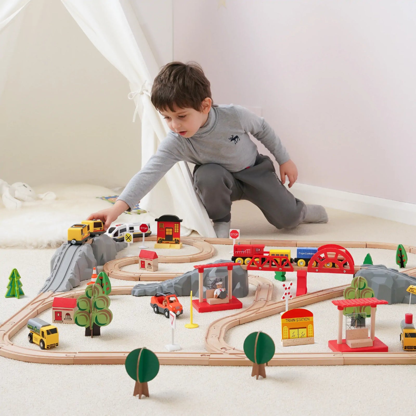 Tiny Land Wooden Track Trains 55 Pcs