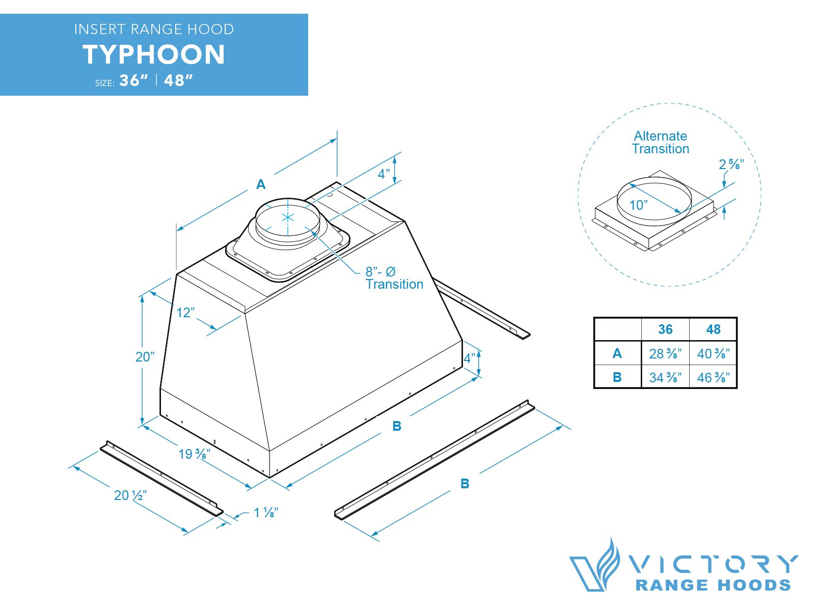36 Inch 1200 CFM Range Hood Insert - VICTORY Typhoon