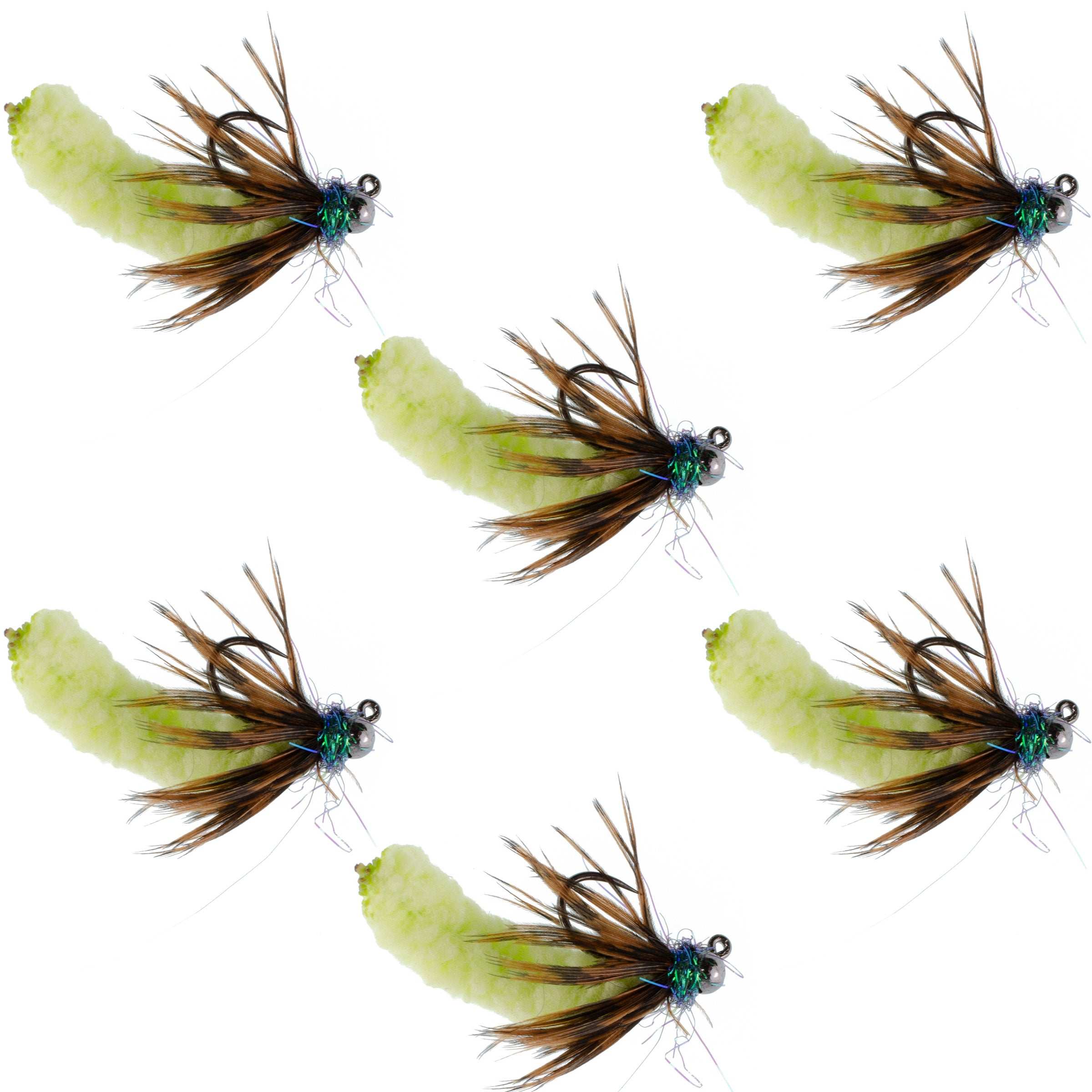 Tungsten Bead Chartreuse Mop Fly Tactical Jig Czech Euro Nymph Barbless Fly 6 Flies - Size 14