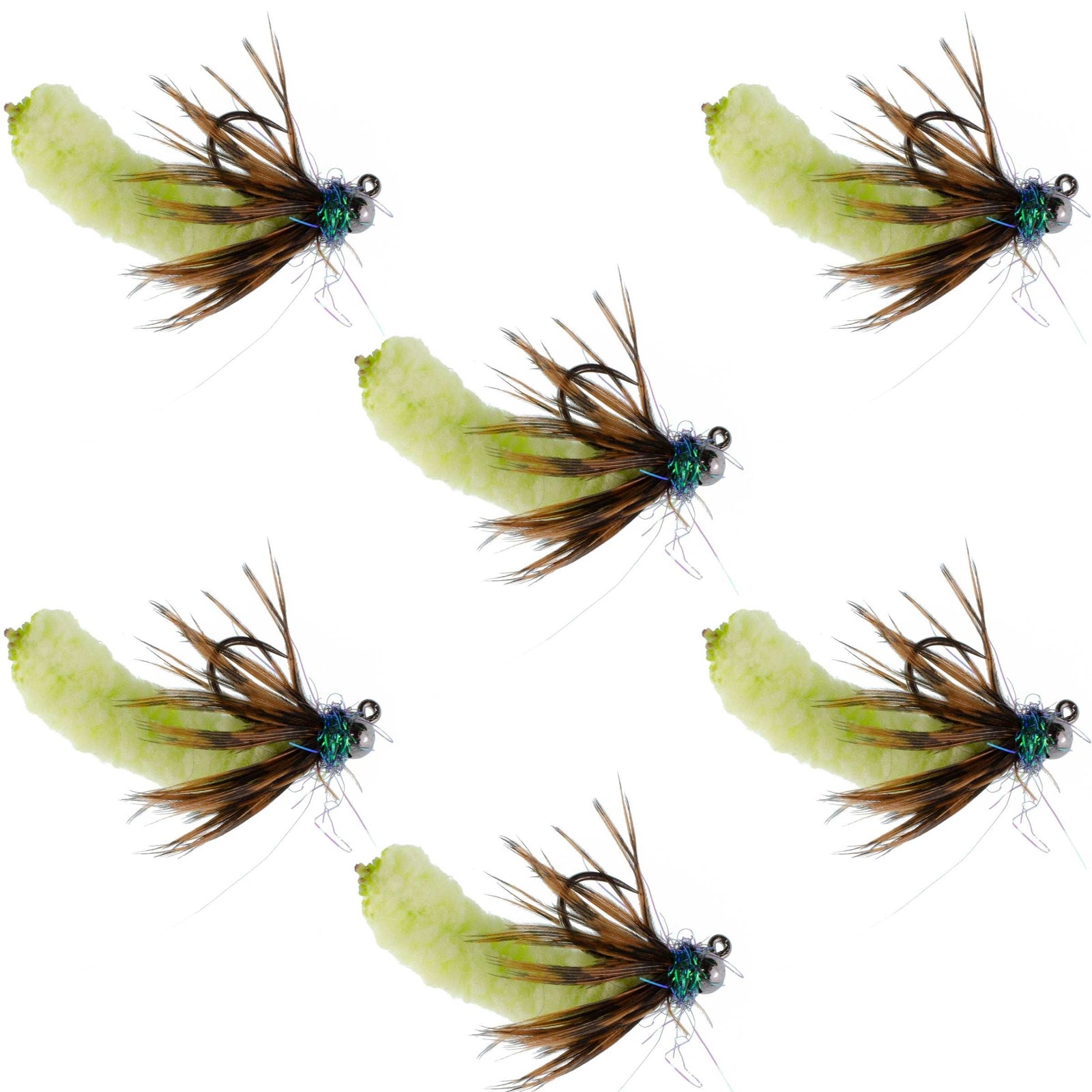 Tungsten Bead Chartreuse Mop Fly Tactical Jig Czech Euro Nymph Barbless Fly 6 Flies - Size 14