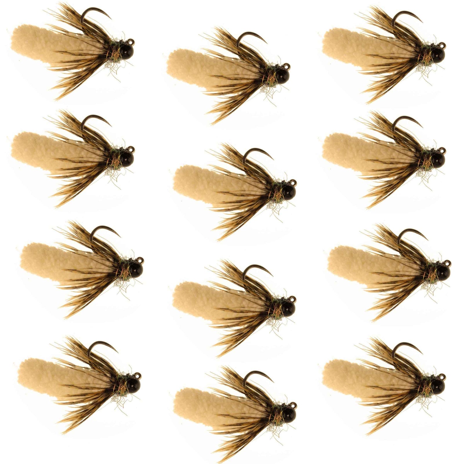 Tungsten Bead Tan Mop Fly Tactical Jig Czech Euro Nymph Barbless 12 Flies - Size 14
