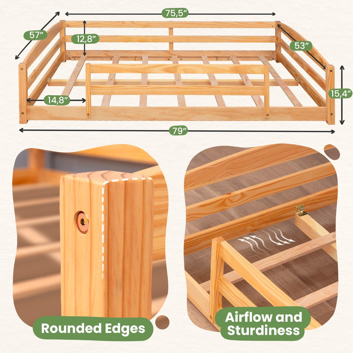 Full-Size Montessori Floor Bed with Strong Slatted Frame