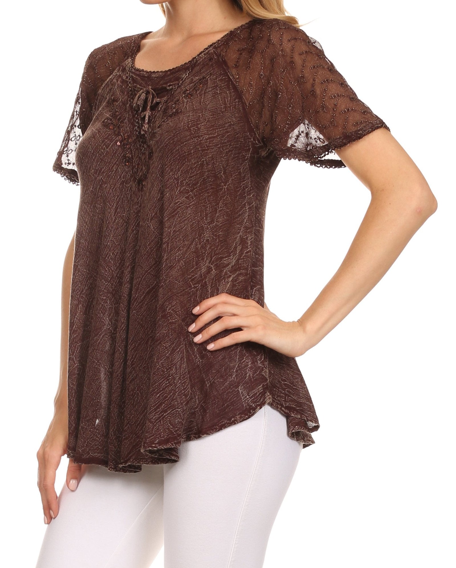 Sakkas Ellie Sequin Embroidered Cap Sleeve Scoop Neck Relaxed Fit Blouse