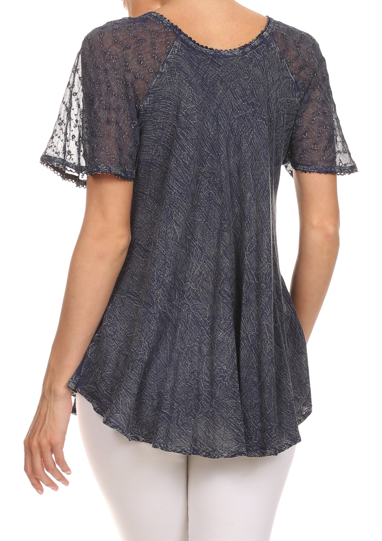 Sakkas Ellie Sequin Embroidered Cap Sleeve Scoop Neck Relaxed Fit Blouse