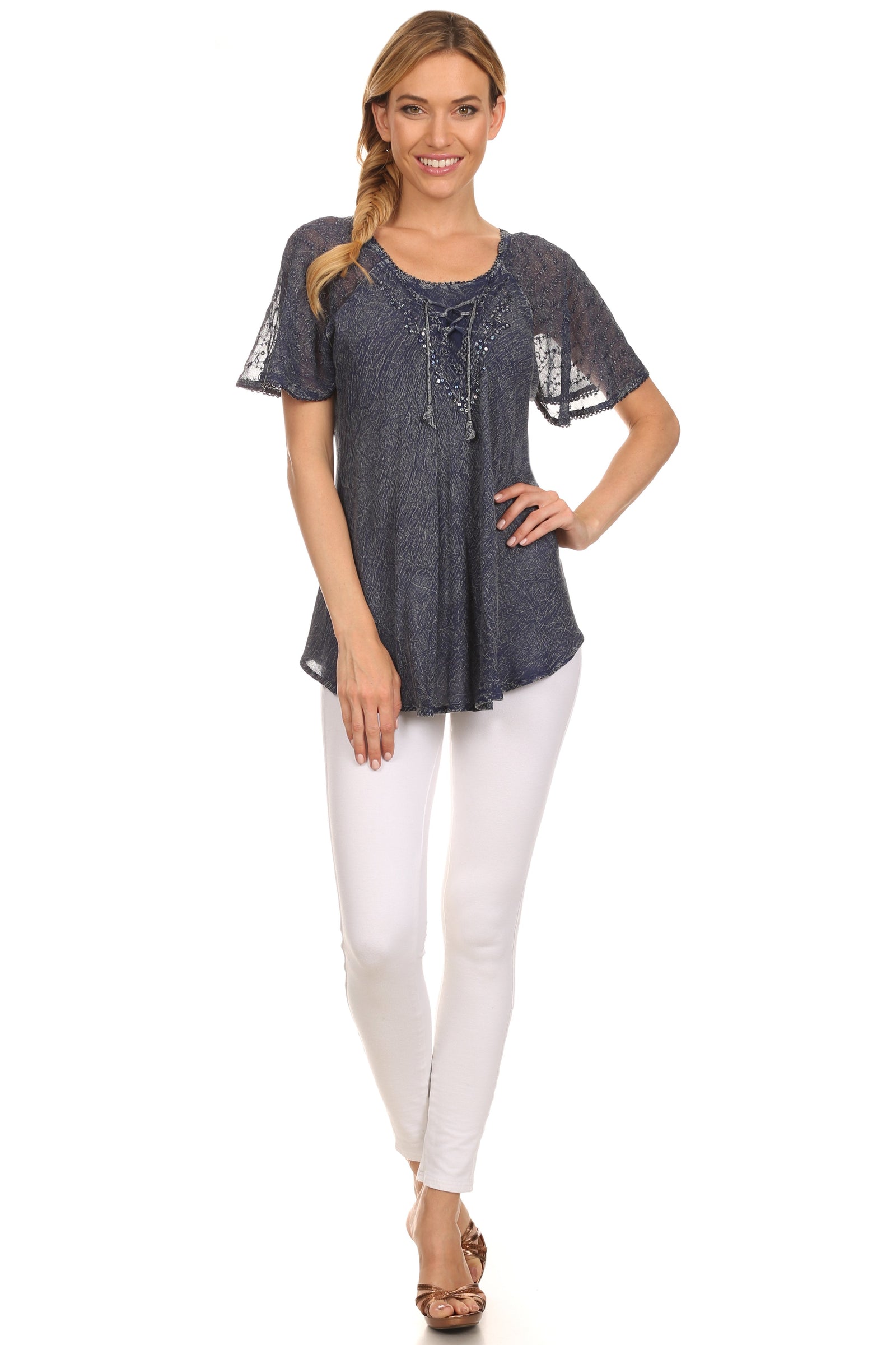 Sakkas Ellie Sequin Embroidered Cap Sleeve Scoop Neck Relaxed Fit Blouse