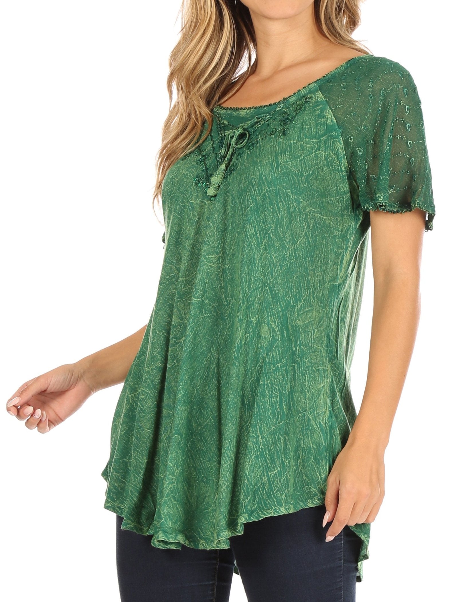 Sakkas Ellie Sequin Embroidered Cap Sleeve Scoop Neck Relaxed Fit Blouse