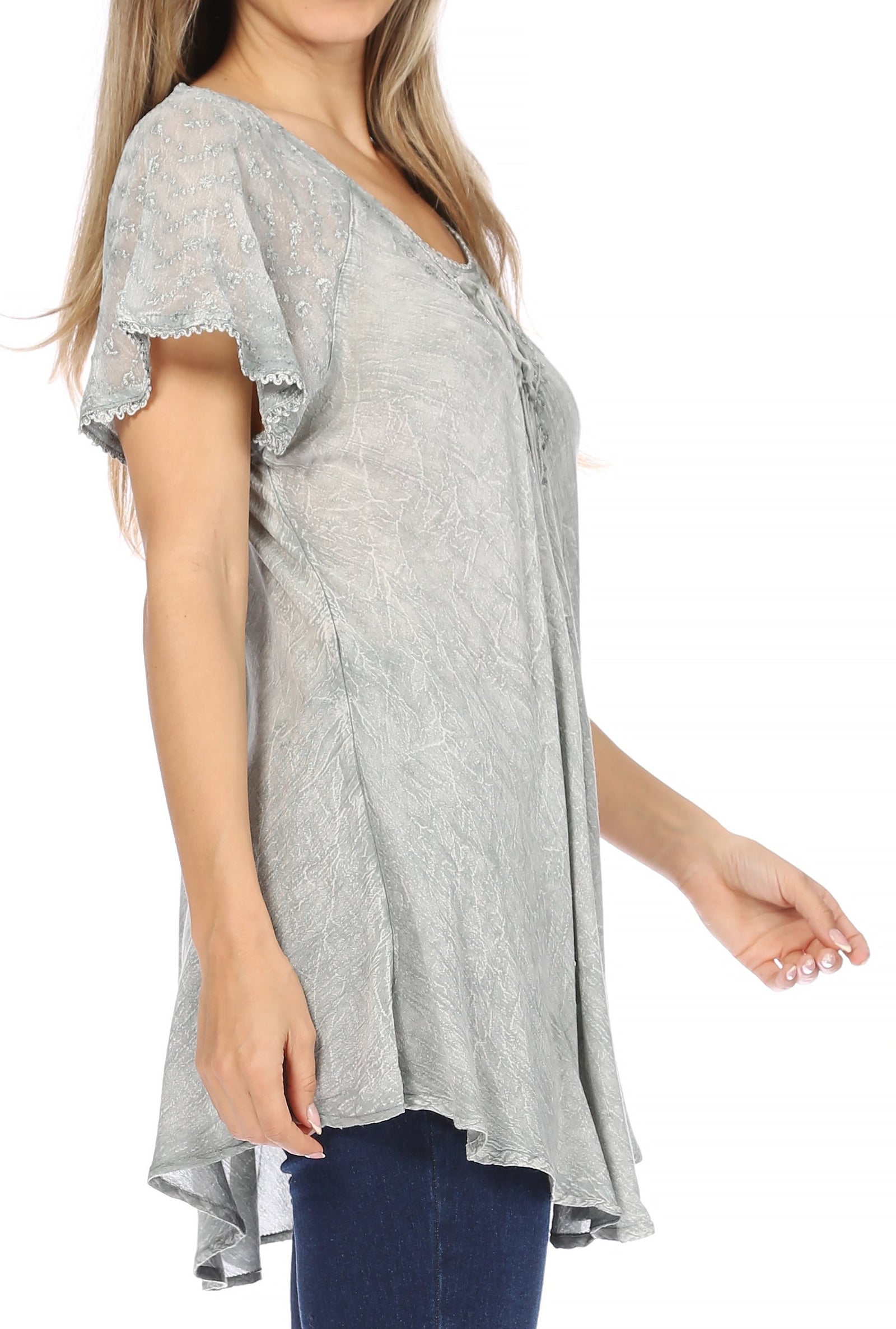 Sakkas Ellie Sequin Embroidered Cap Sleeve Scoop Neck Relaxed Fit Blouse