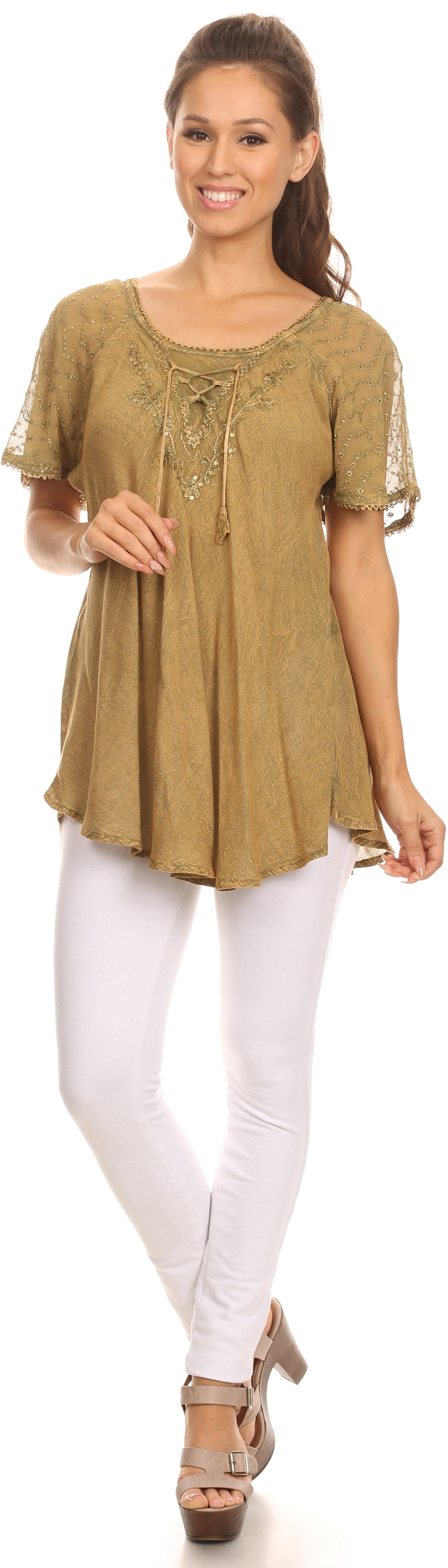 Sakkas Ellie Sequin Embroidered Cap Sleeve Scoop Neck Relaxed Fit Blouse